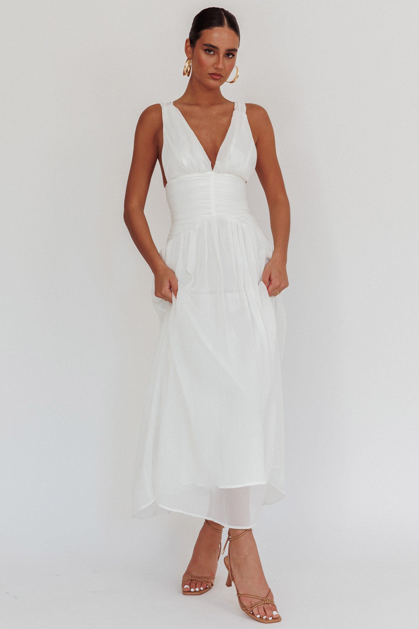 Sammi Ruched Waist Tied Back Maxi Dress White by Selfie Leslie