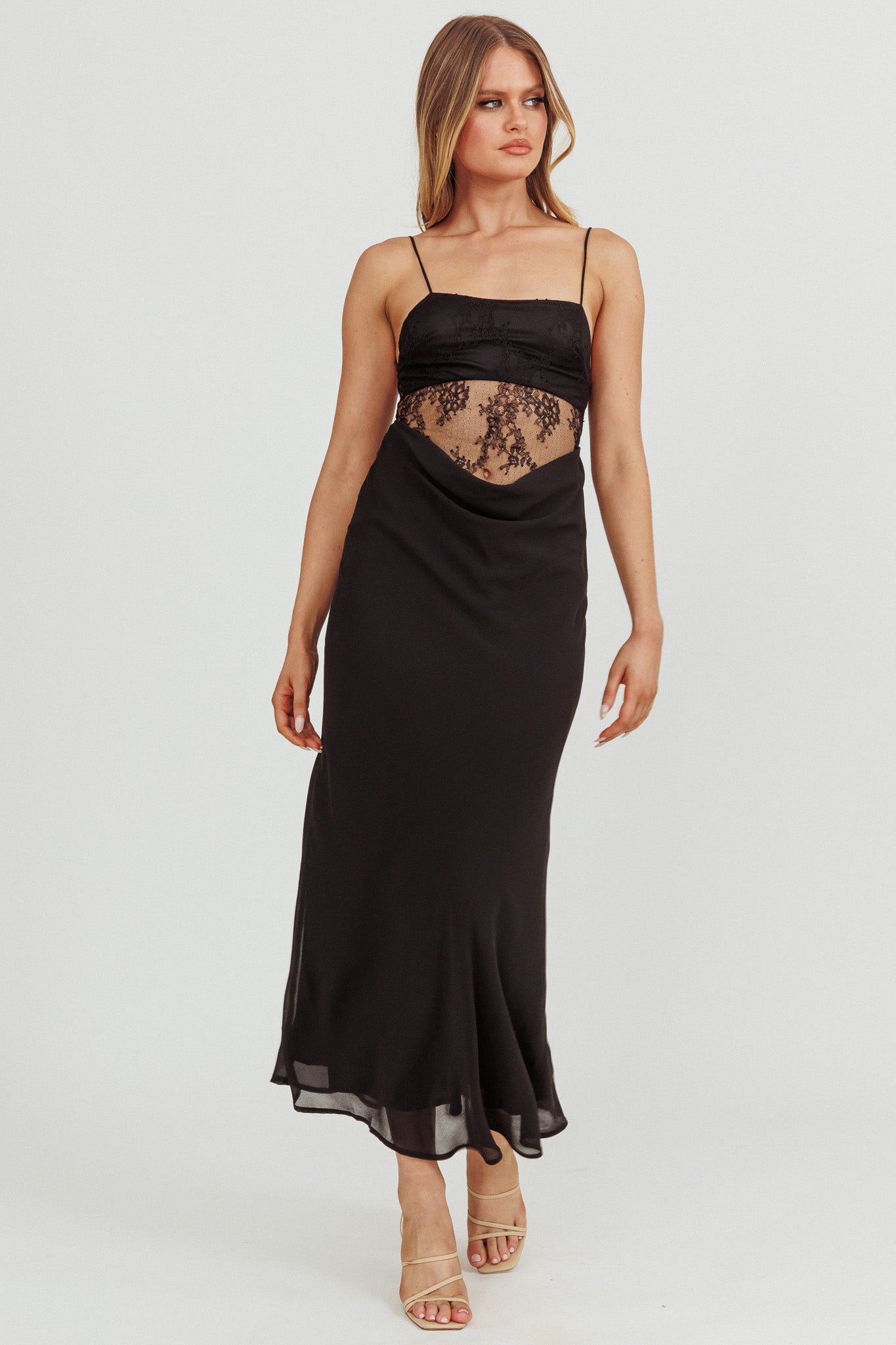 These Days Backless Lace Waist Maxi Dress Black by Selfie Leslie