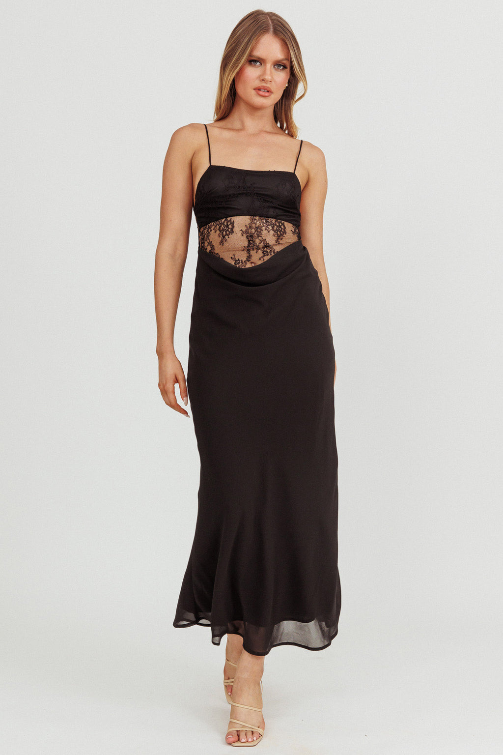 These Days Backless Lace Waist Maxi Dress Black by Selfie Leslie