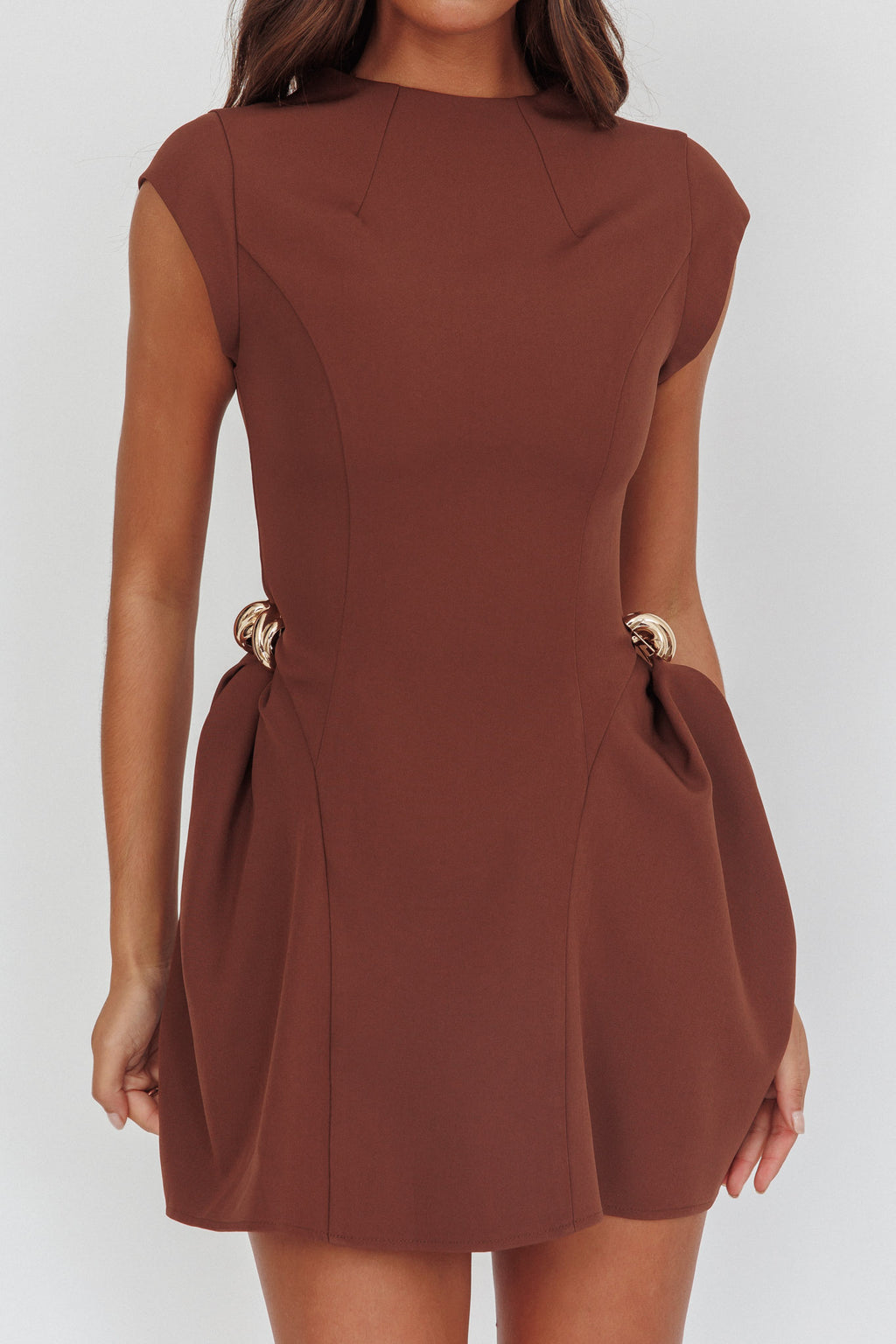 Girl Talks Cap Sleeve Puff Skirt Mini Dress Chocolate by Selfie Leslie