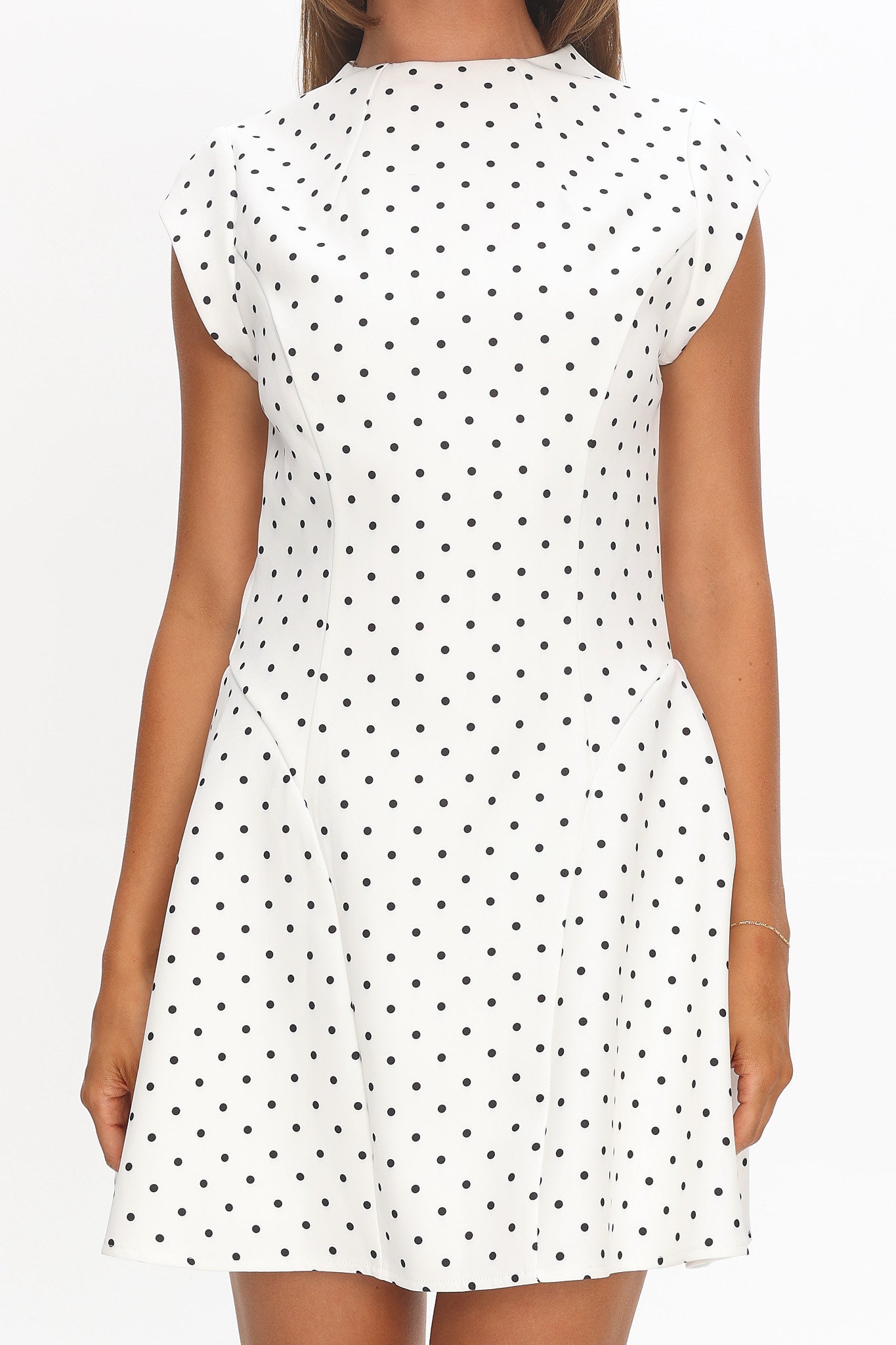 white dress blue polka dots Aristos Cap Sleeve Mini Dress Polka Dot White