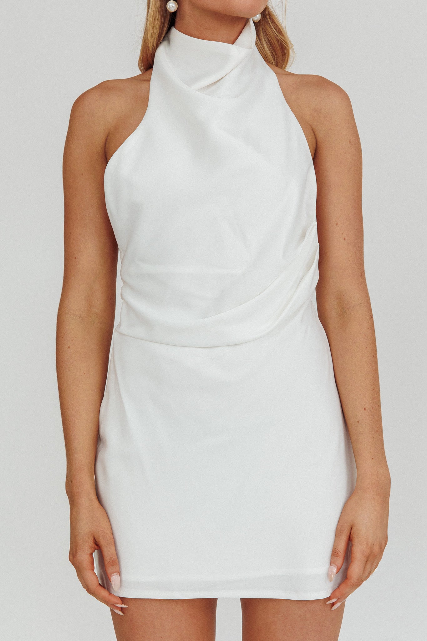 Lyons High Halter Neck Mini Dress White by Selfie Leslie