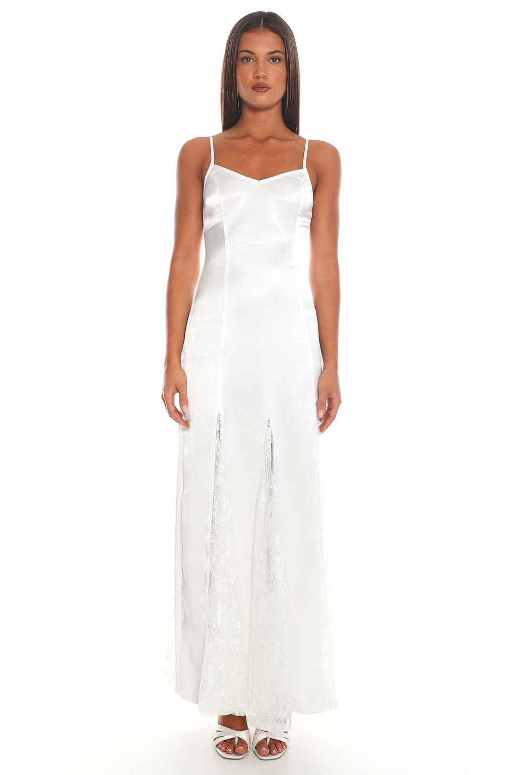Palome Lace Insert Satin Maxi Dress White