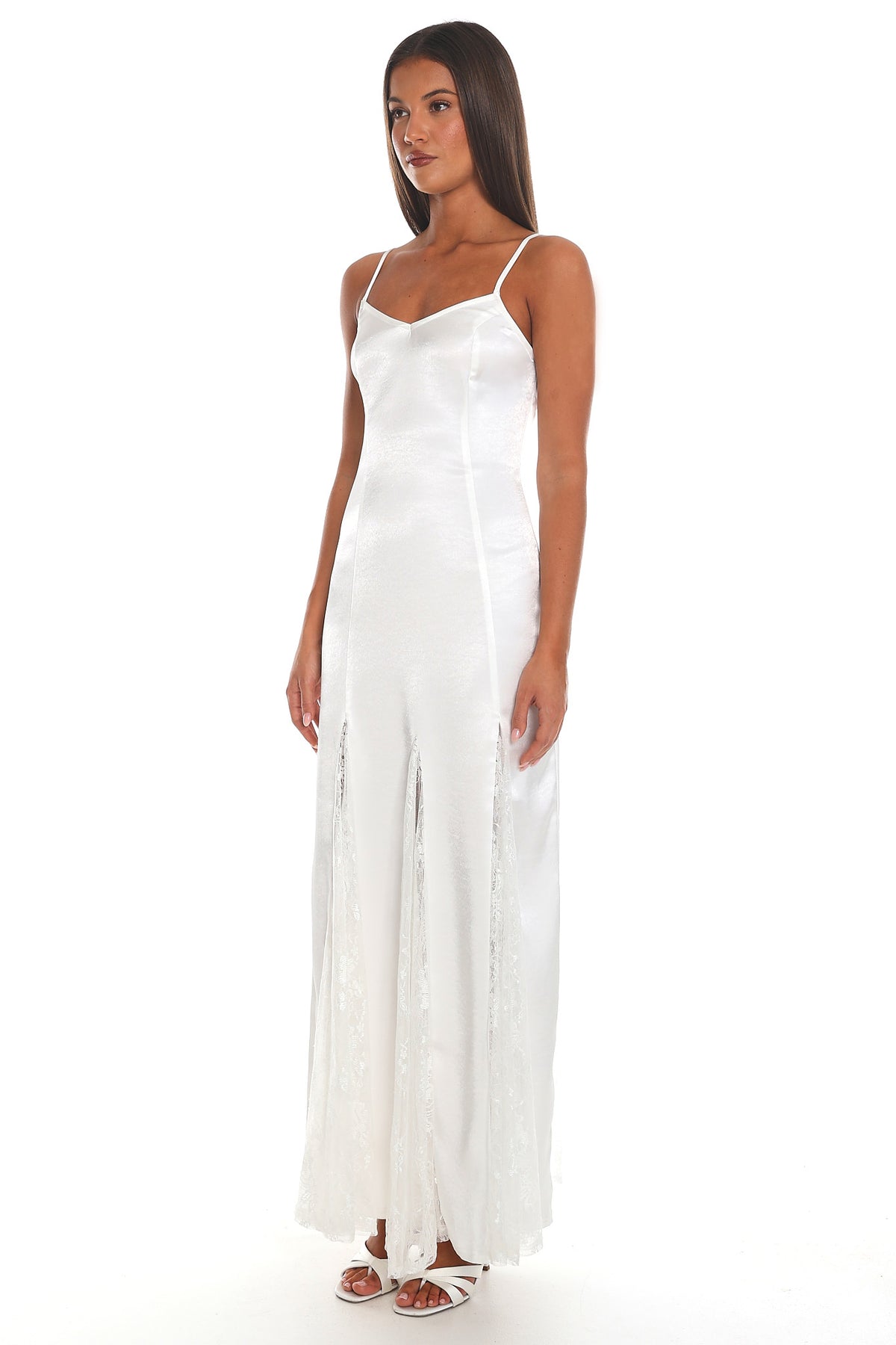 Palome Lace Insert Satin Maxi Dress White