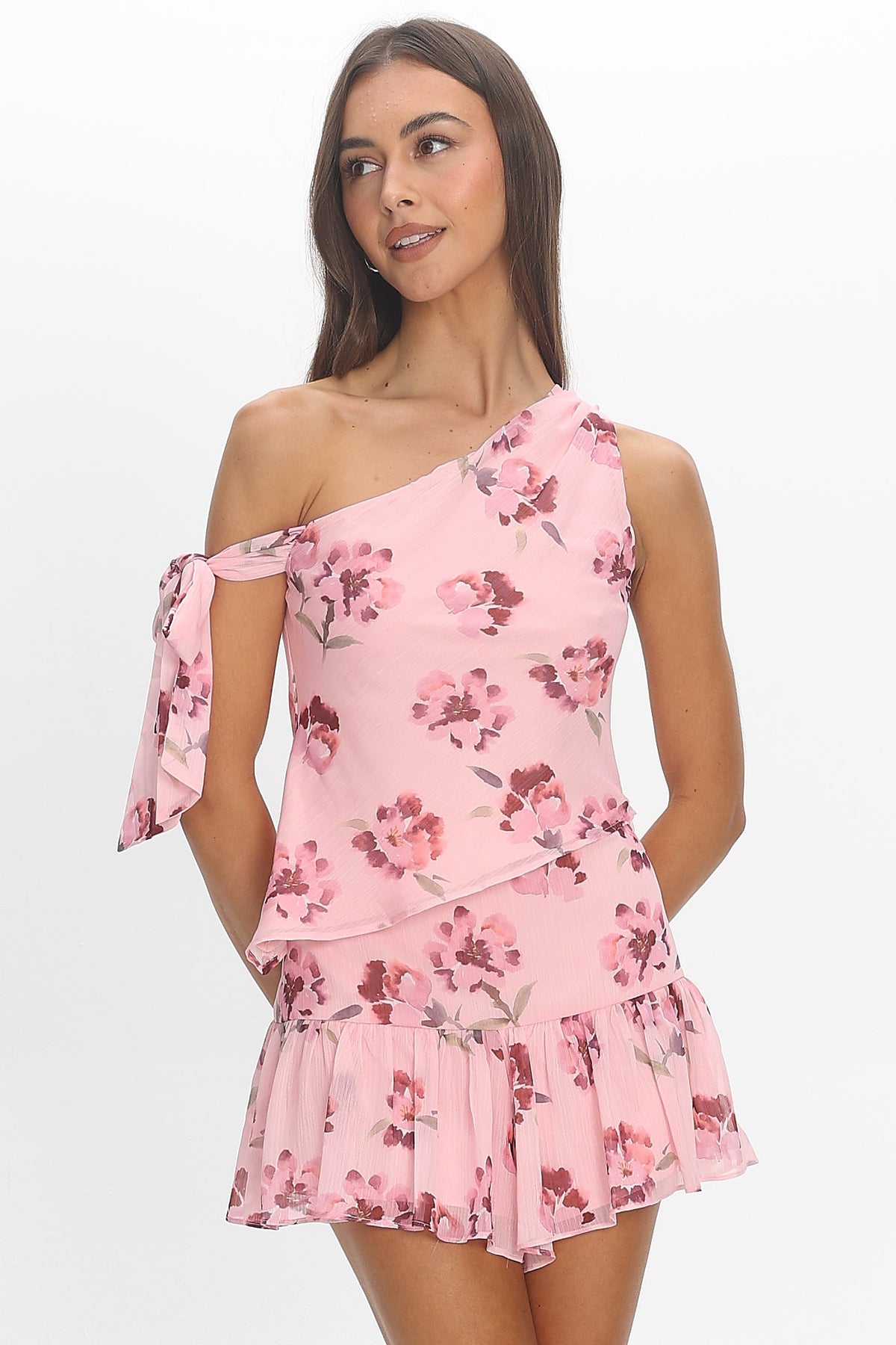 Rosalind Bloom One-Shoulder Tie Top Burgundy