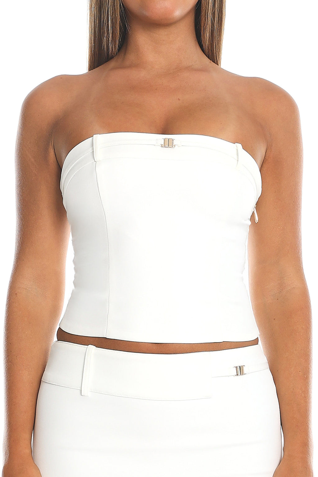 High Hopes Strapless Buckle Crop Top White