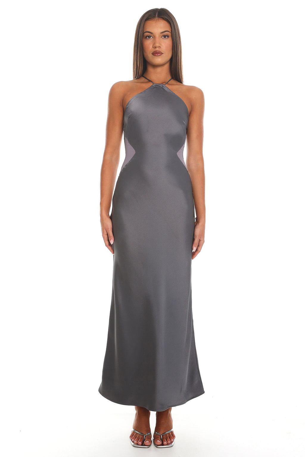 Saturn Return Halter Neck Satin Maxi Dress Grey