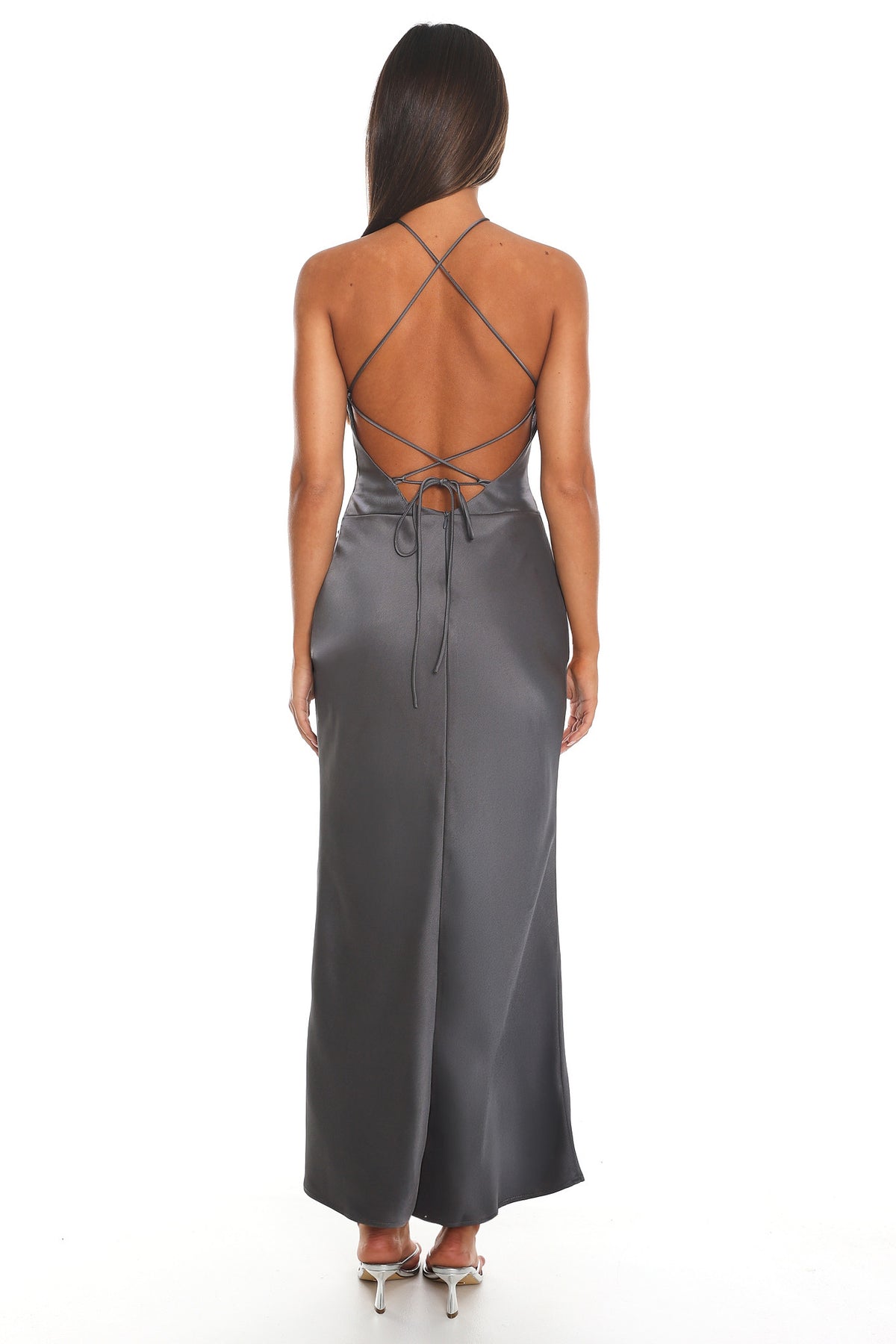Saturn Return Halter Neck Satin Maxi Dress Grey