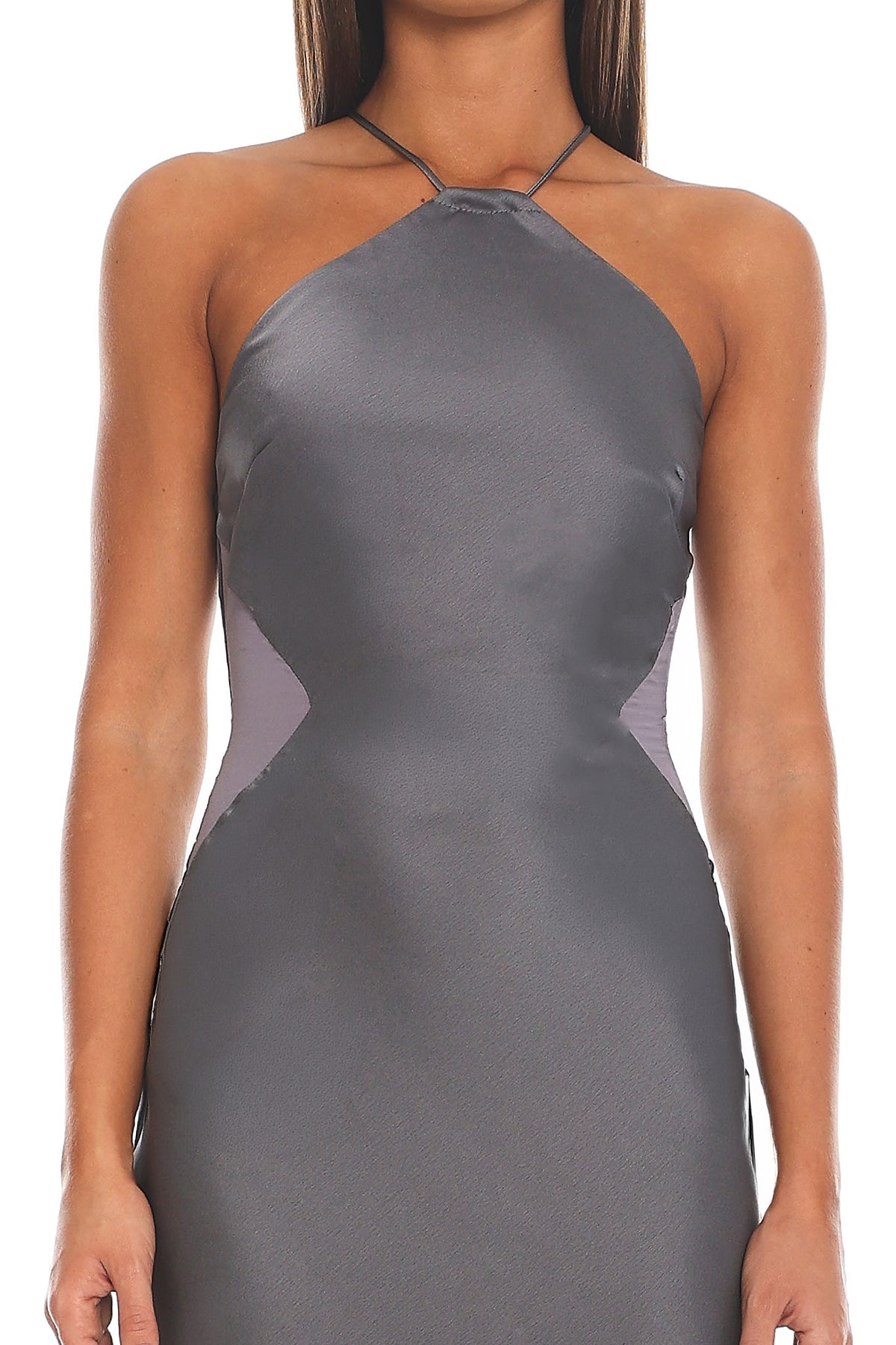Saturn Return Halter Neck Satin Maxi Dress Grey