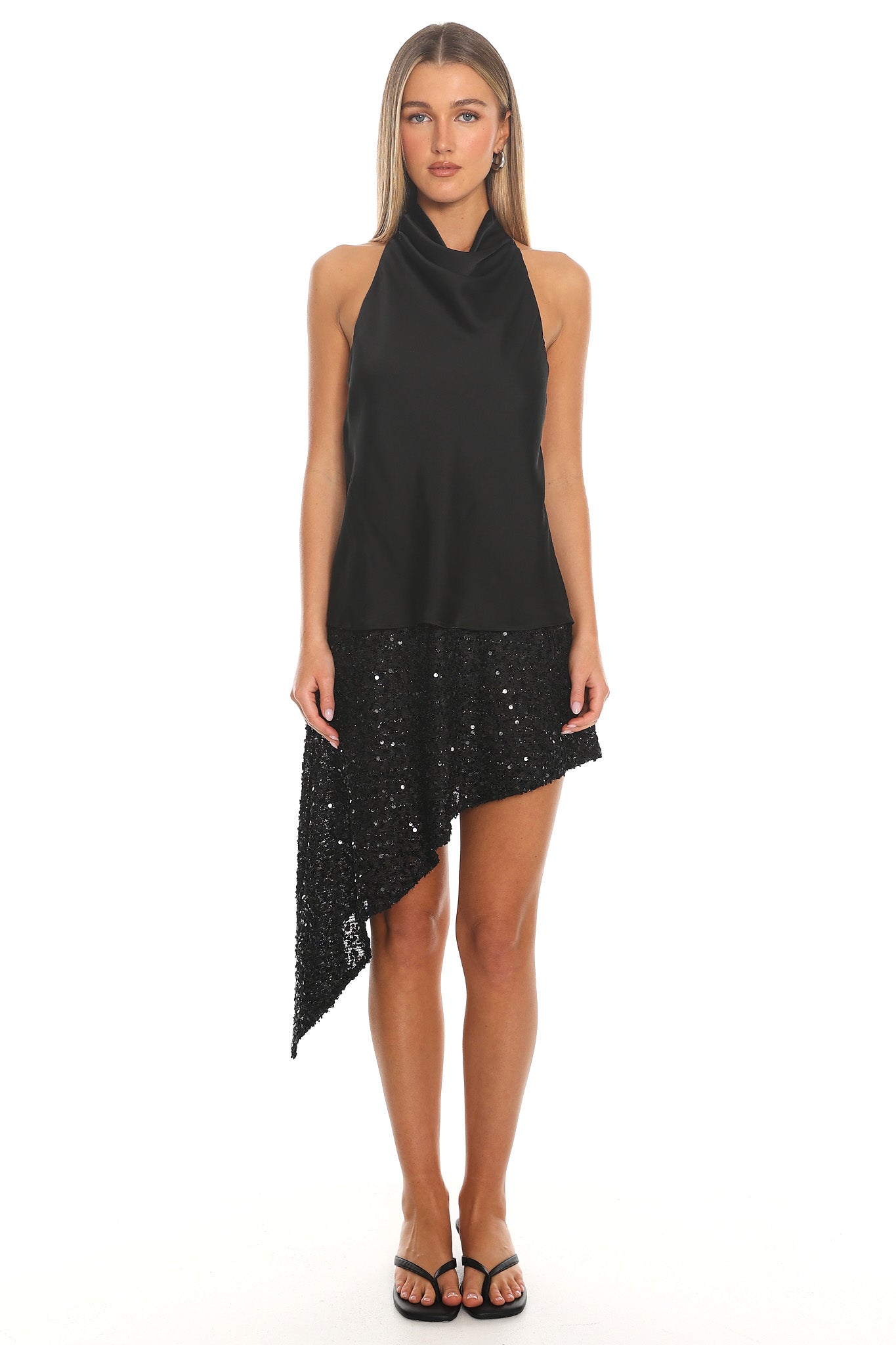 Quartz Cowl Halter Mini Dress Black