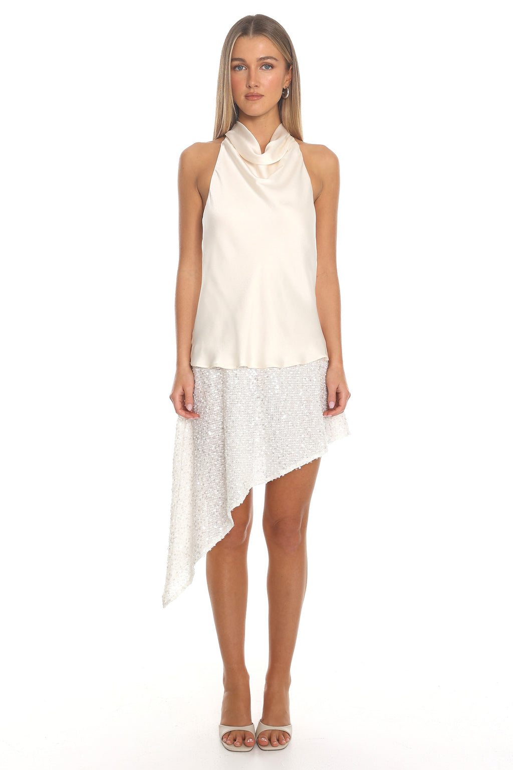 Quartz Cowl Halter Mini Dress Oyster