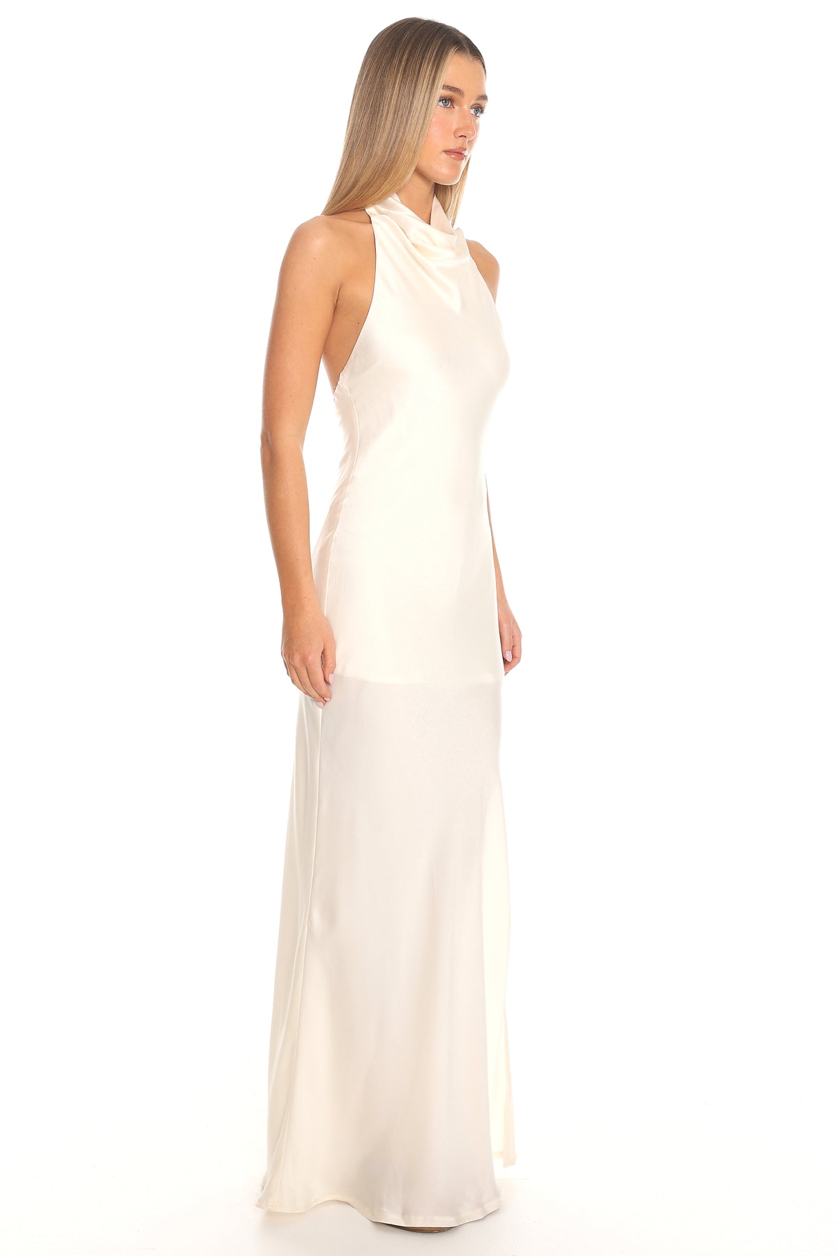 Opallite Silk Cowl Halter Maxi Dress Oyster