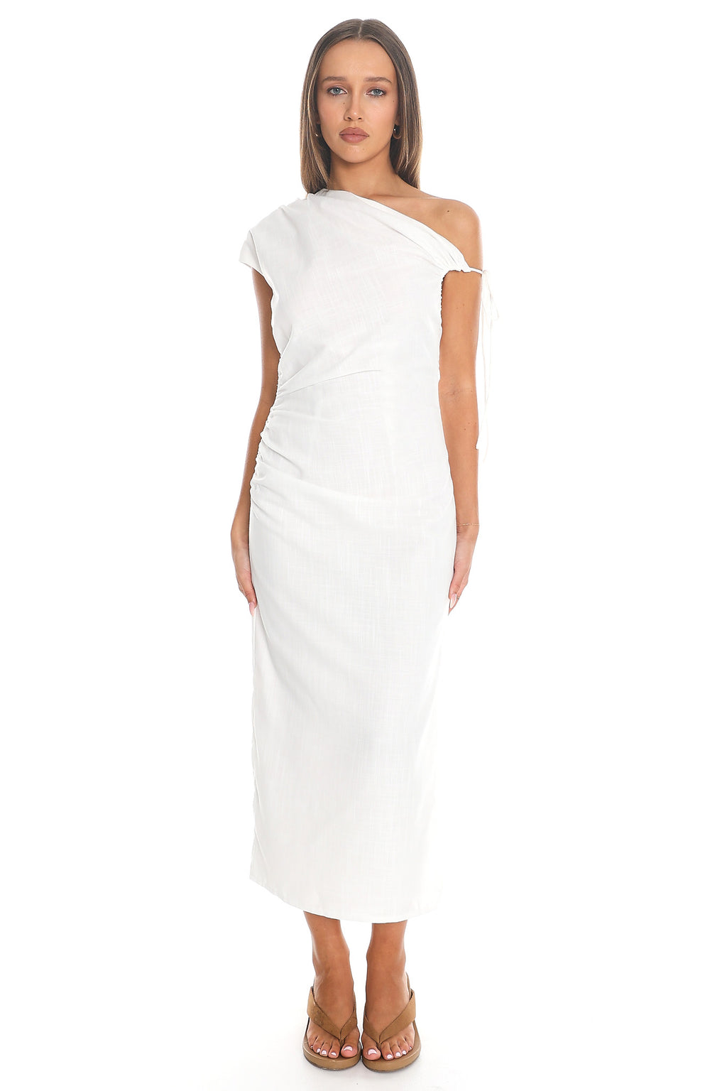 Marble Draped One-Shoulder Midi Dress White