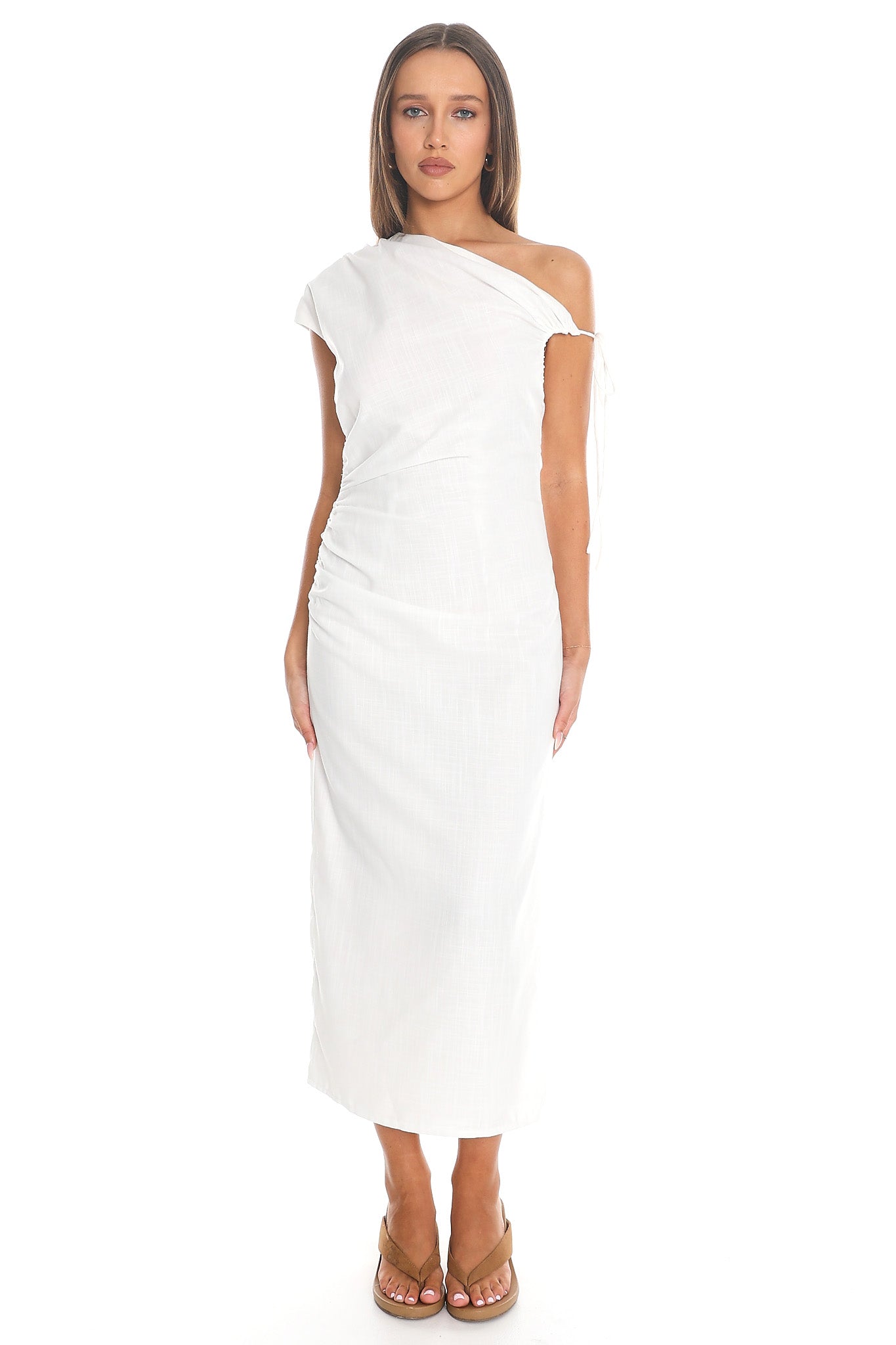 Marble Draped One-Shoulder Midi Dress White