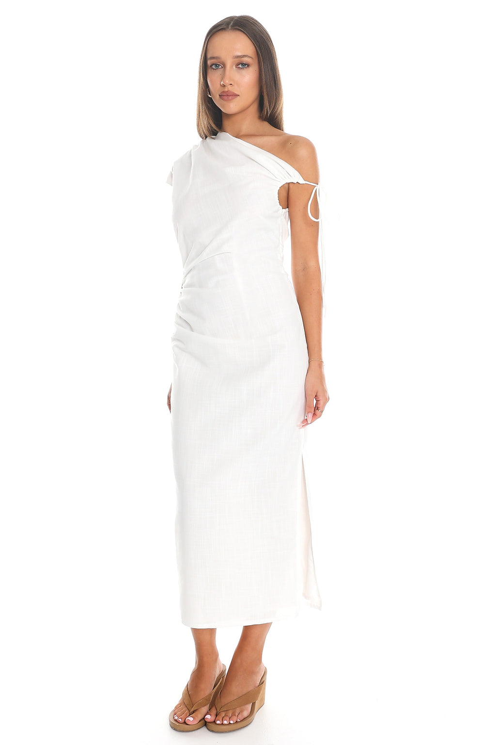 Marble Draped One-Shoulder Midi Dress White