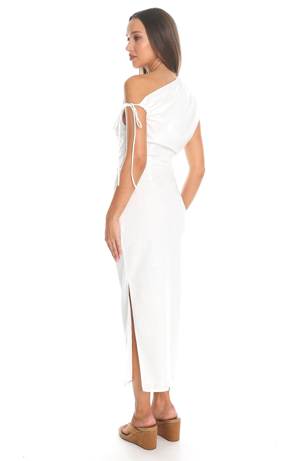 Marble Draped One-Shoulder Midi Dress White