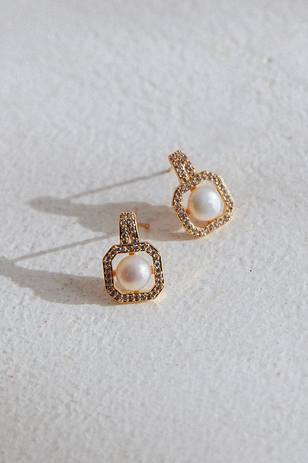 Control Pearl Zirconia Square Drop Stud Earrings Gold by Selfie Leslie