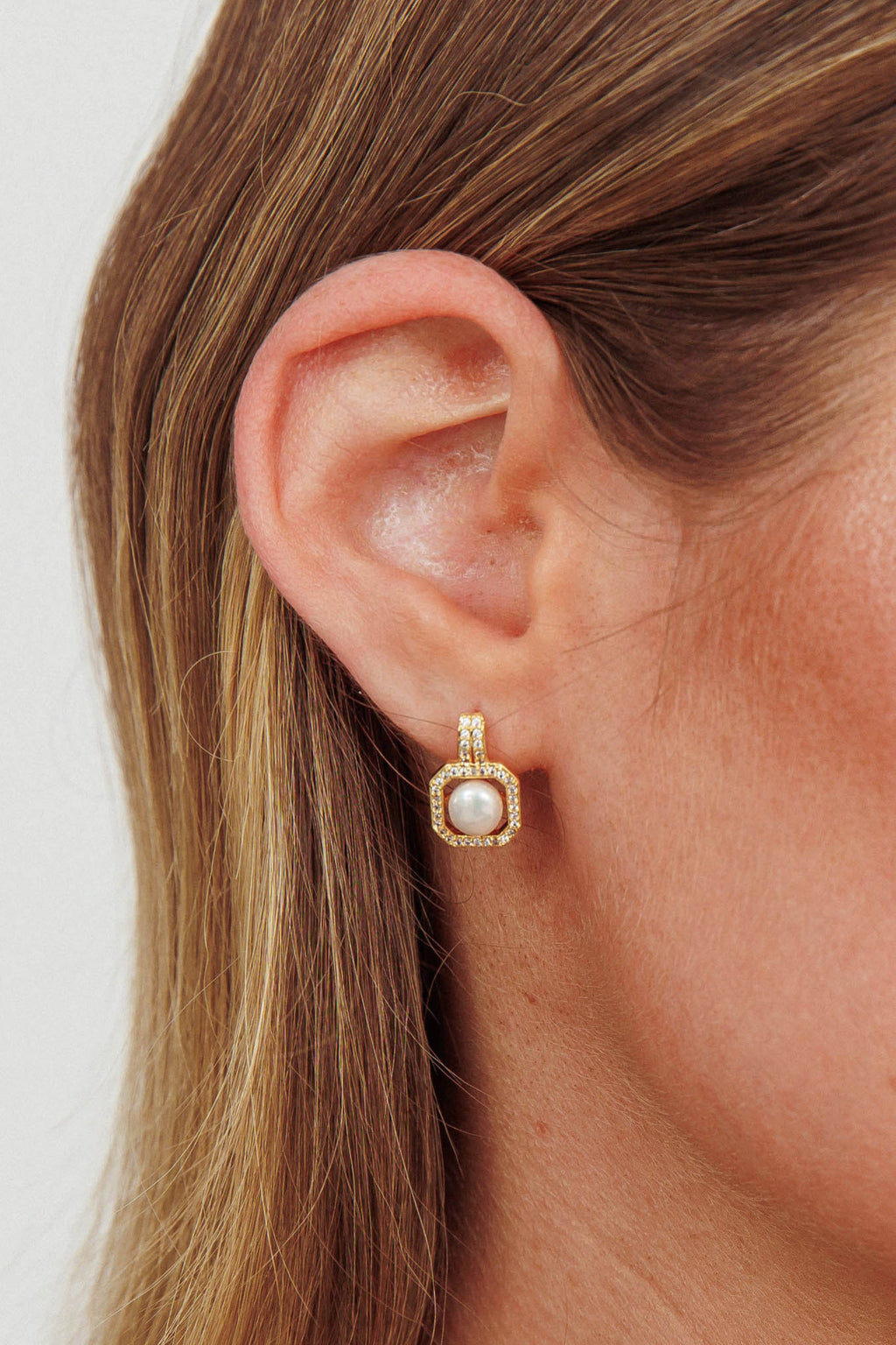 Control Pearl Zirconia Square Drop Stud Earrings Gold by Selfie Leslie