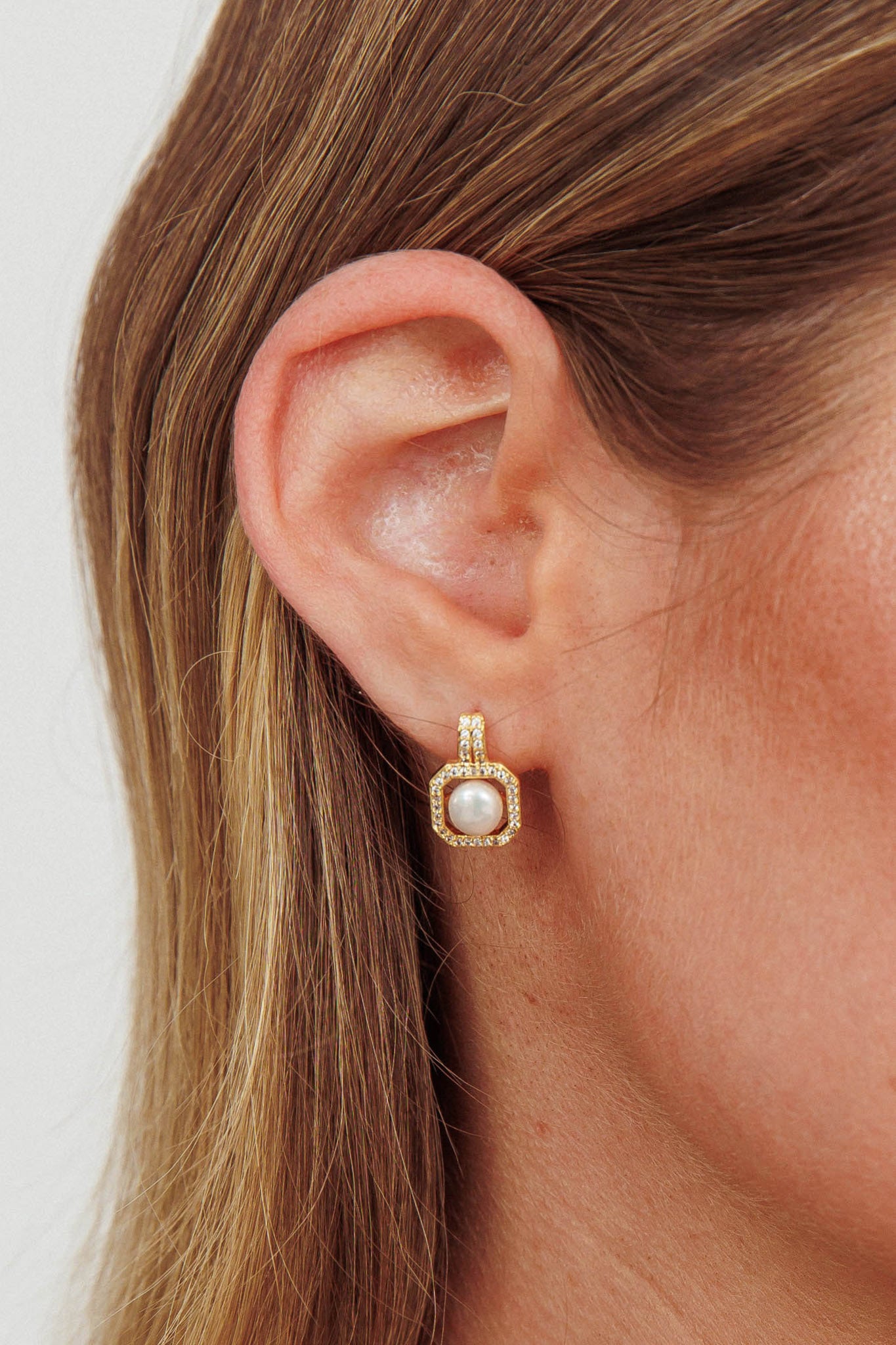 Control Pearl Zirconia Square Drop Stud Earrings Gold by Selfie Leslie