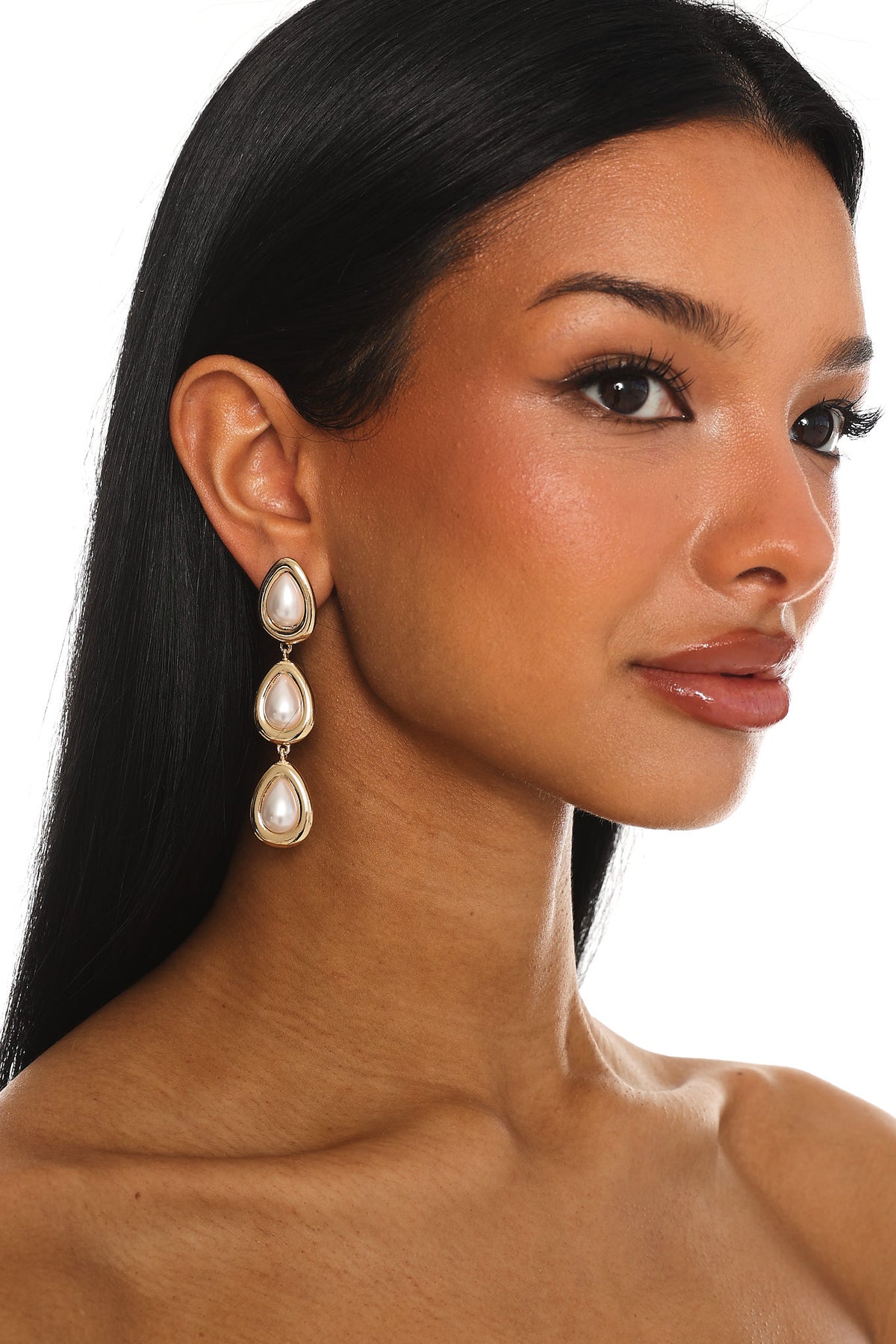 Marion Triple Droplet Earrings Gold Pearl by Selfie Leslie