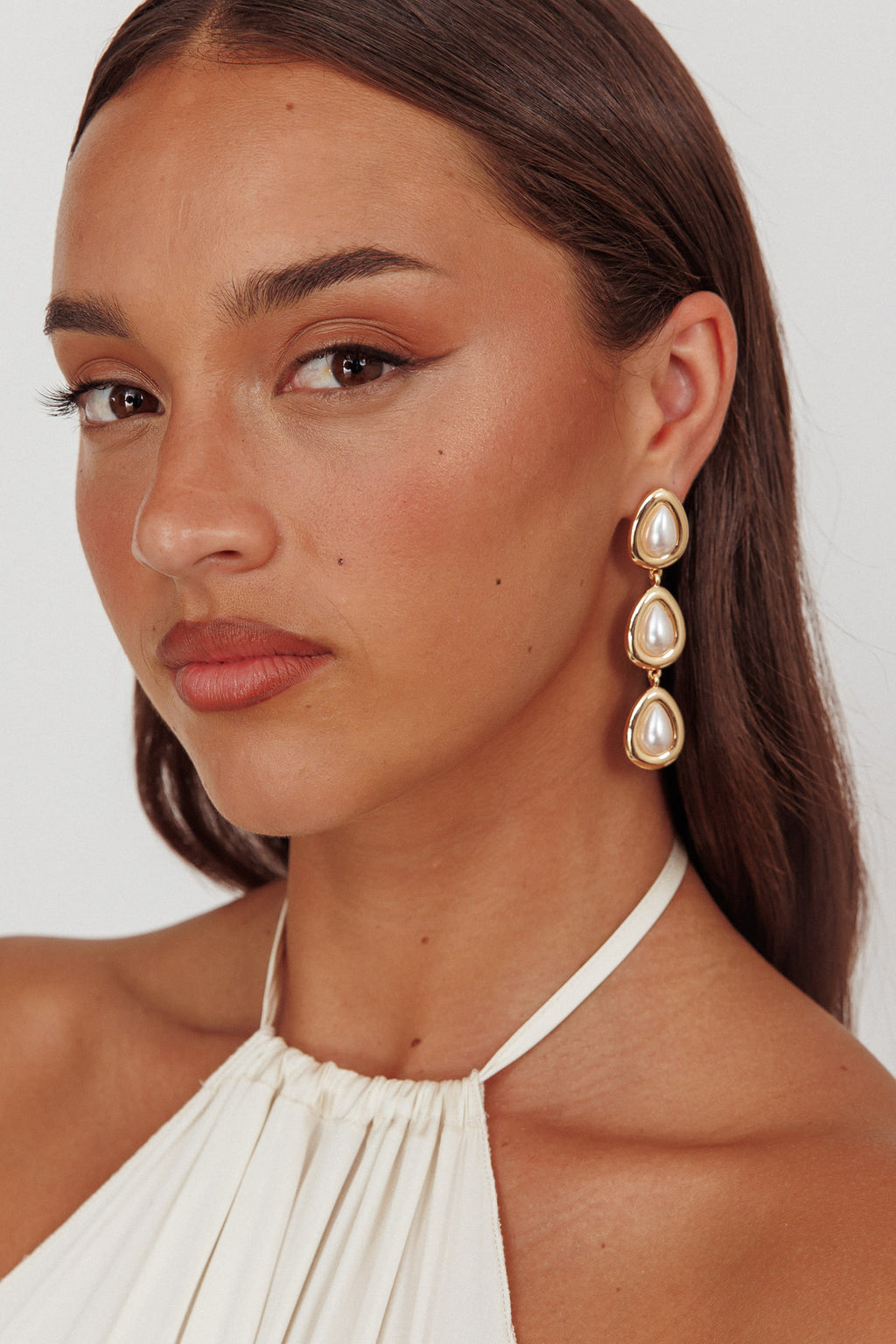Marion Triple Droplet Earrings Gold Pearl by Selfie Leslie