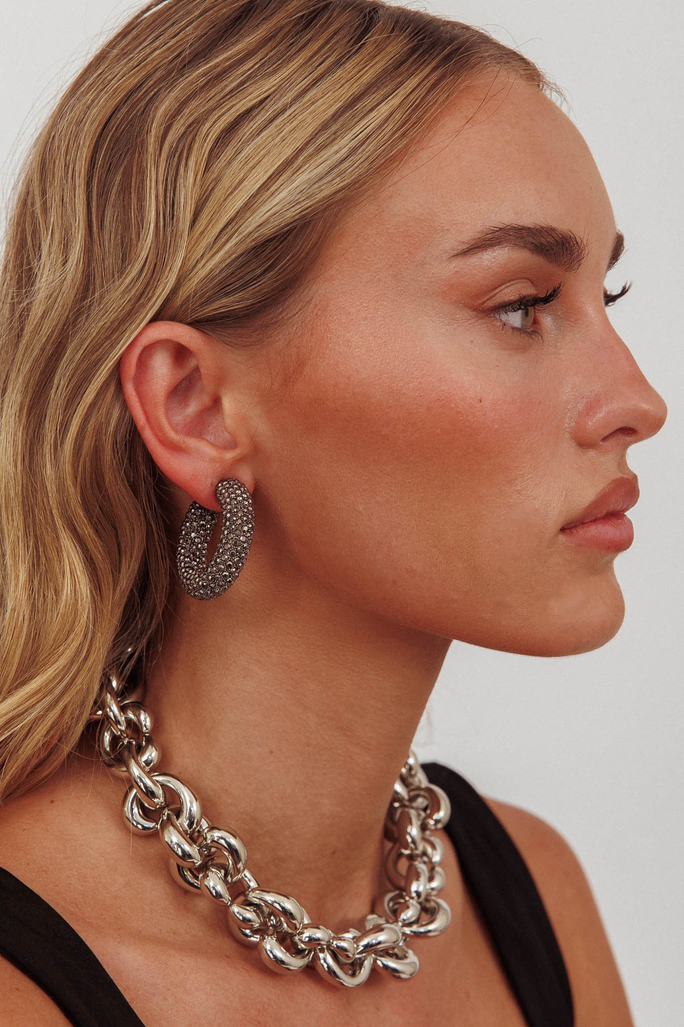 Gigi Semi Hoop Earrings Black Diamante by Selfie Leslie