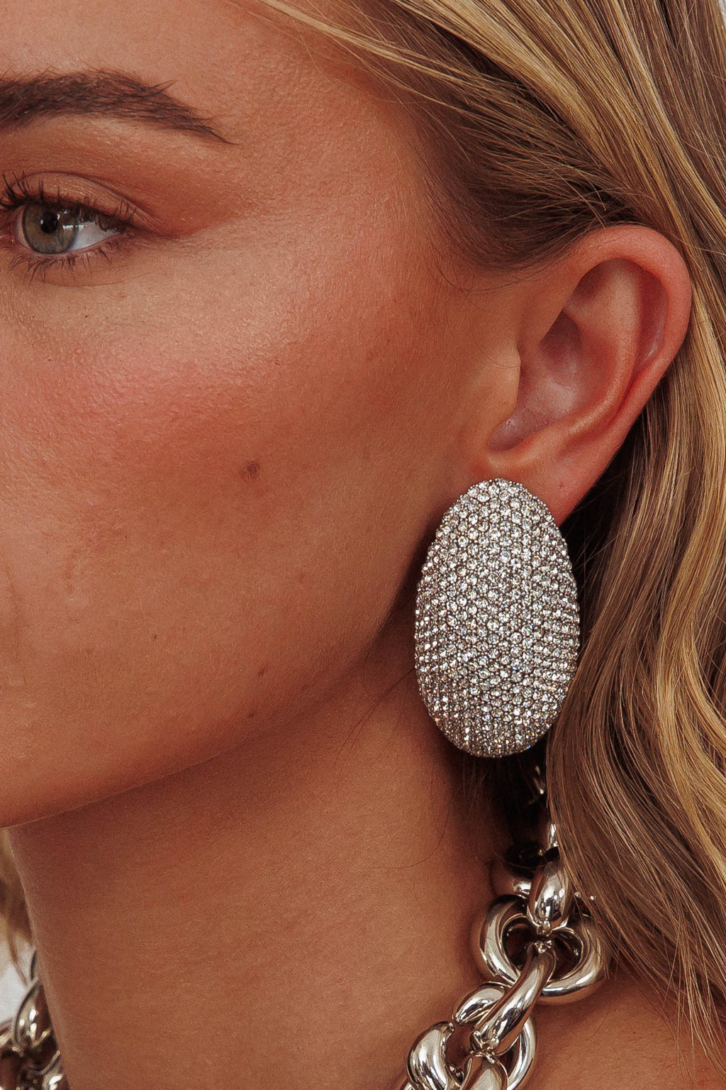 Candice Oval Cabochon Earrings Silver Diamante by Selfie Leslie