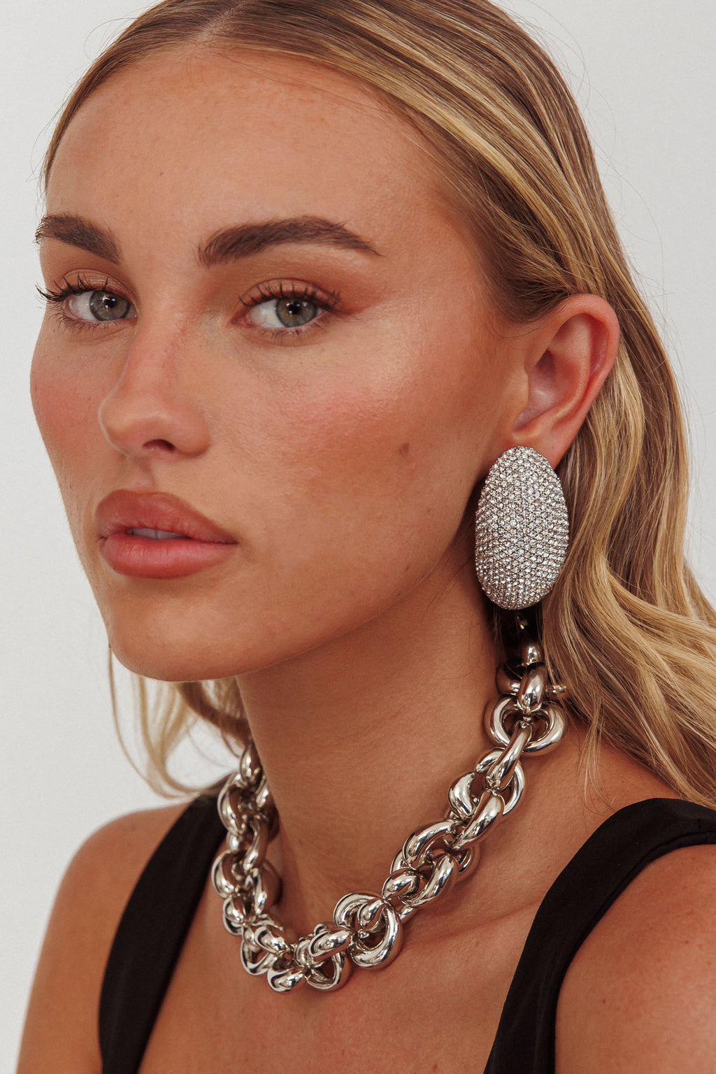 Candice Oval Cabochon Earrings Silver Diamante by Selfie Leslie