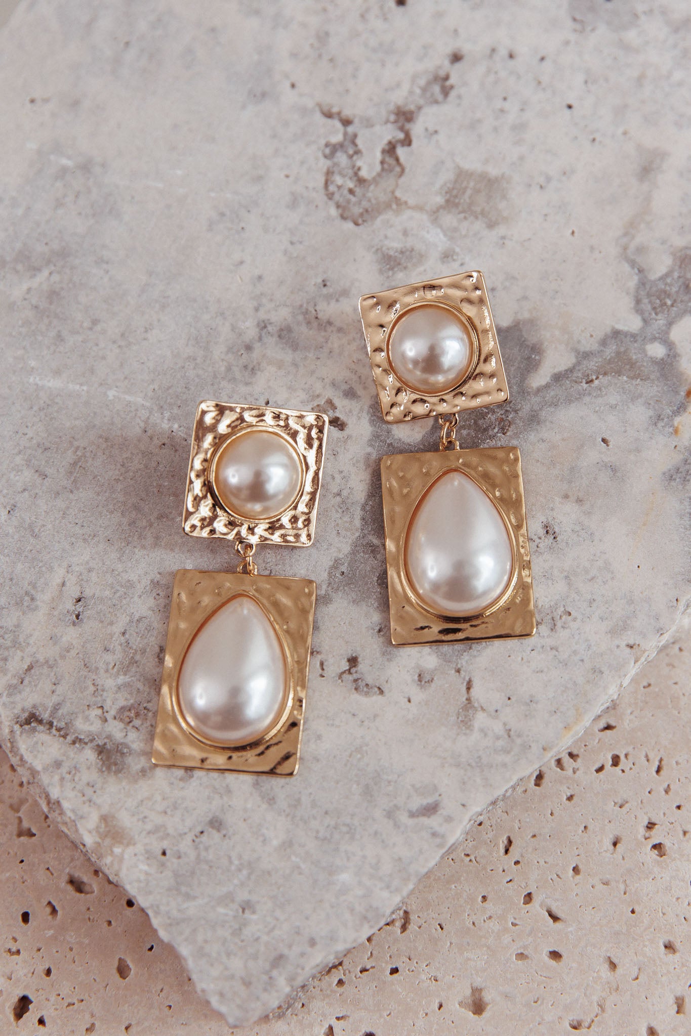 Chloe Hammered Drop Earrings Gold/Pearl by Selfie Leslie