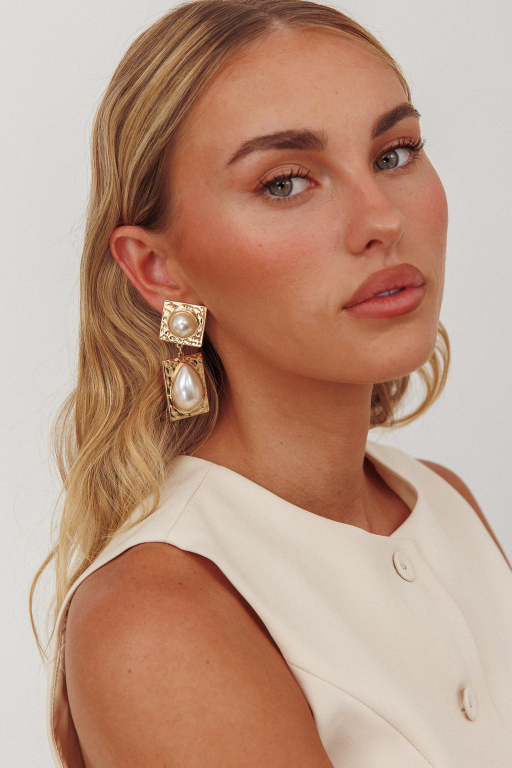 Chloe Hammered Drop Earrings Gold/Pearl by Selfie Leslie