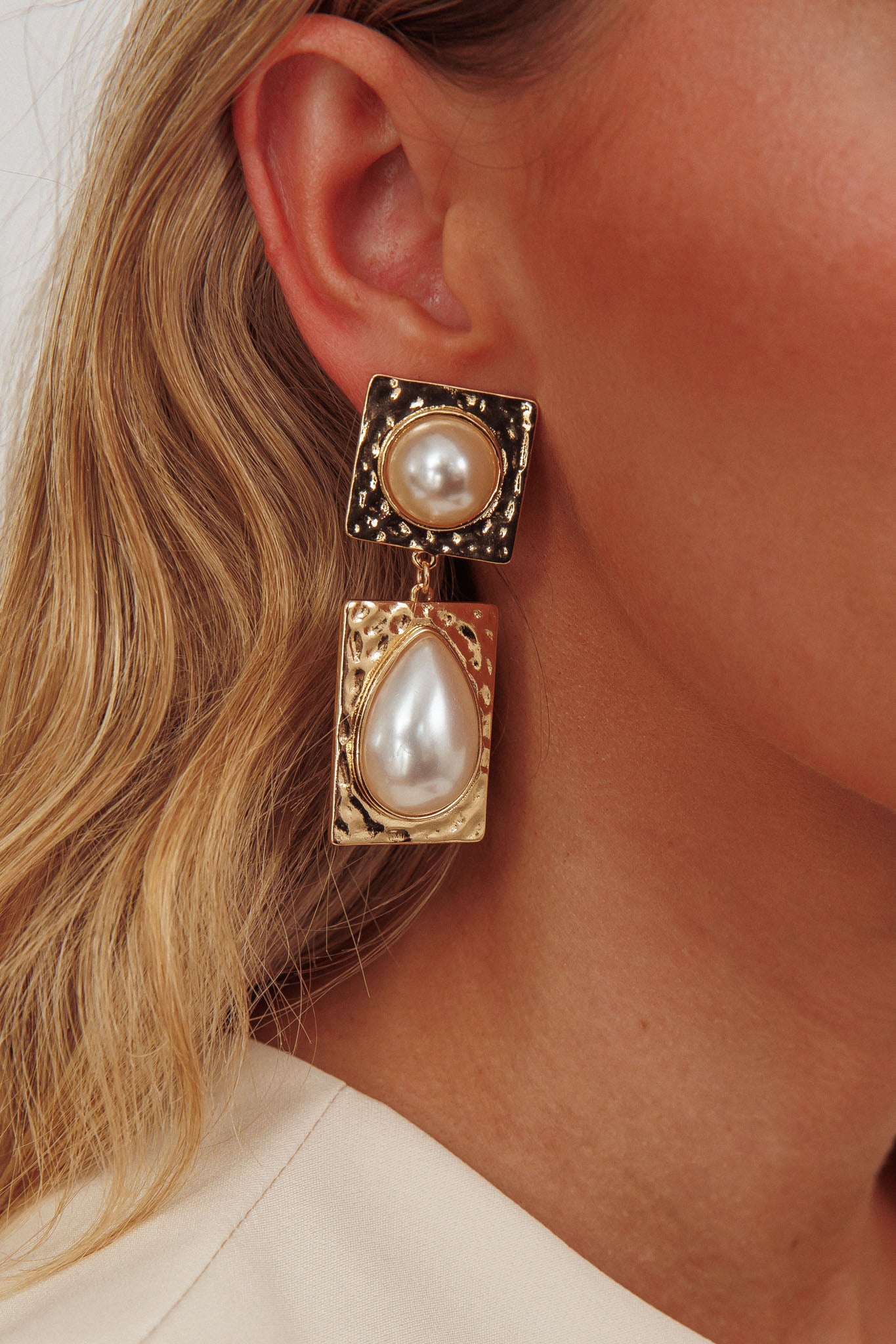 Chloe Hammered Drop Earrings Gold/Pearl by Selfie Leslie