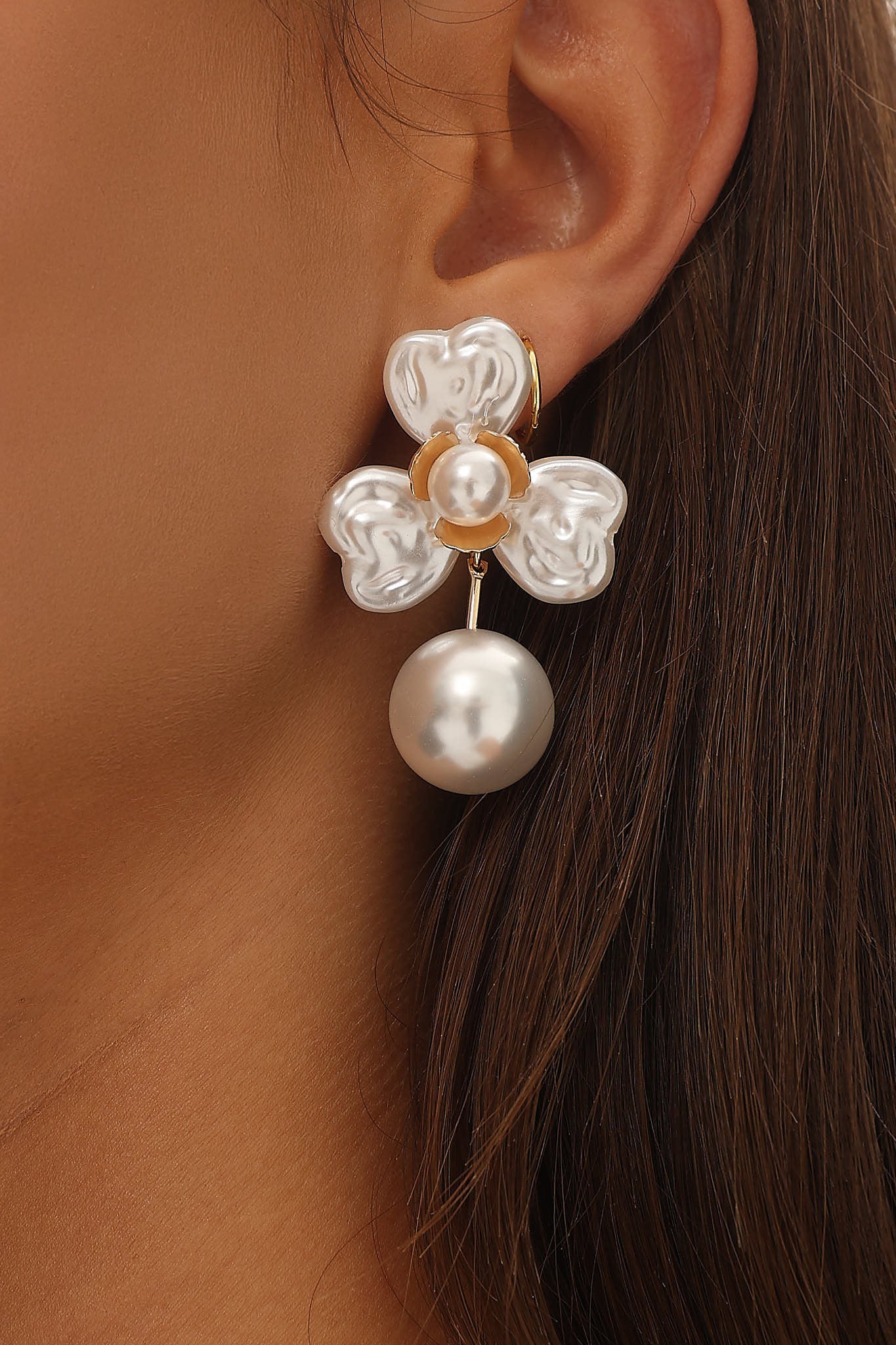 Triniti Drop Flower Earrings Gold Pearl by Selfie Leslie