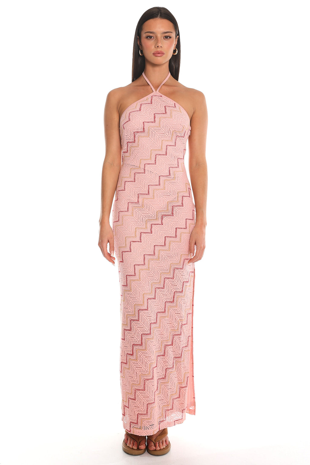 Viana Chevron Crochet Halter Maxi Dress Pink