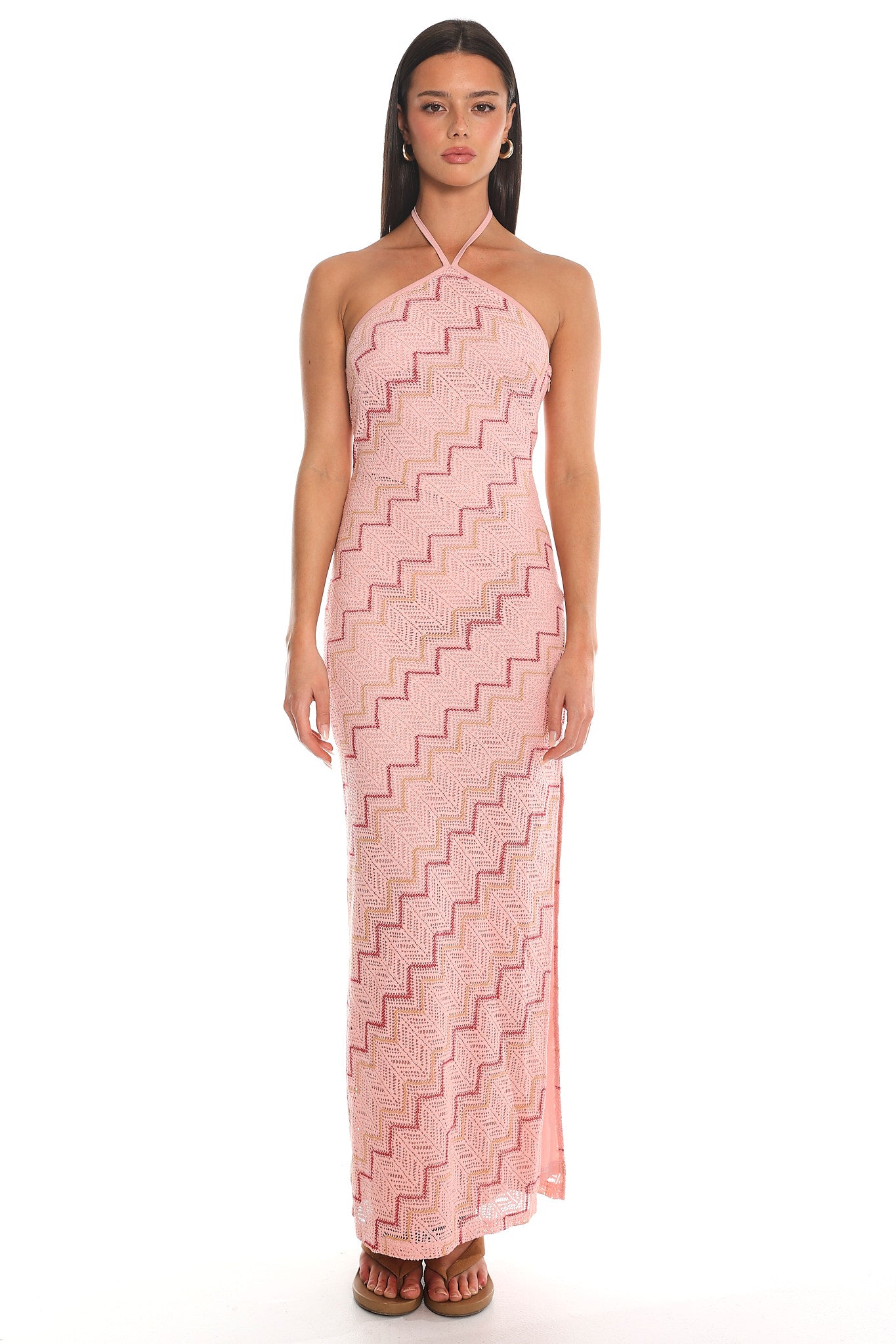 Viana Chevron Crochet Halter Maxi Dress Pink
