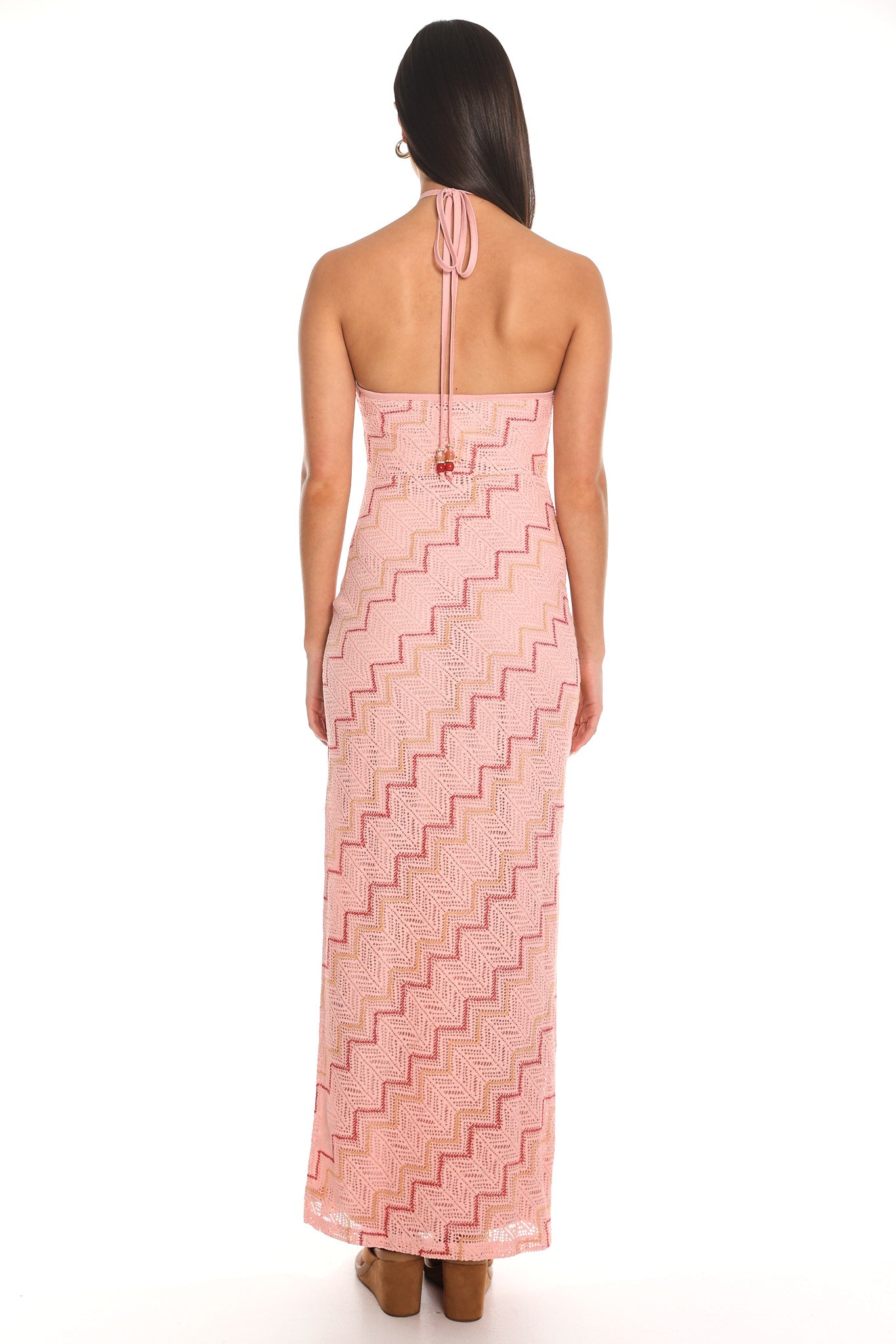 Viana Chevron Crochet Halter Maxi Dress Pink
