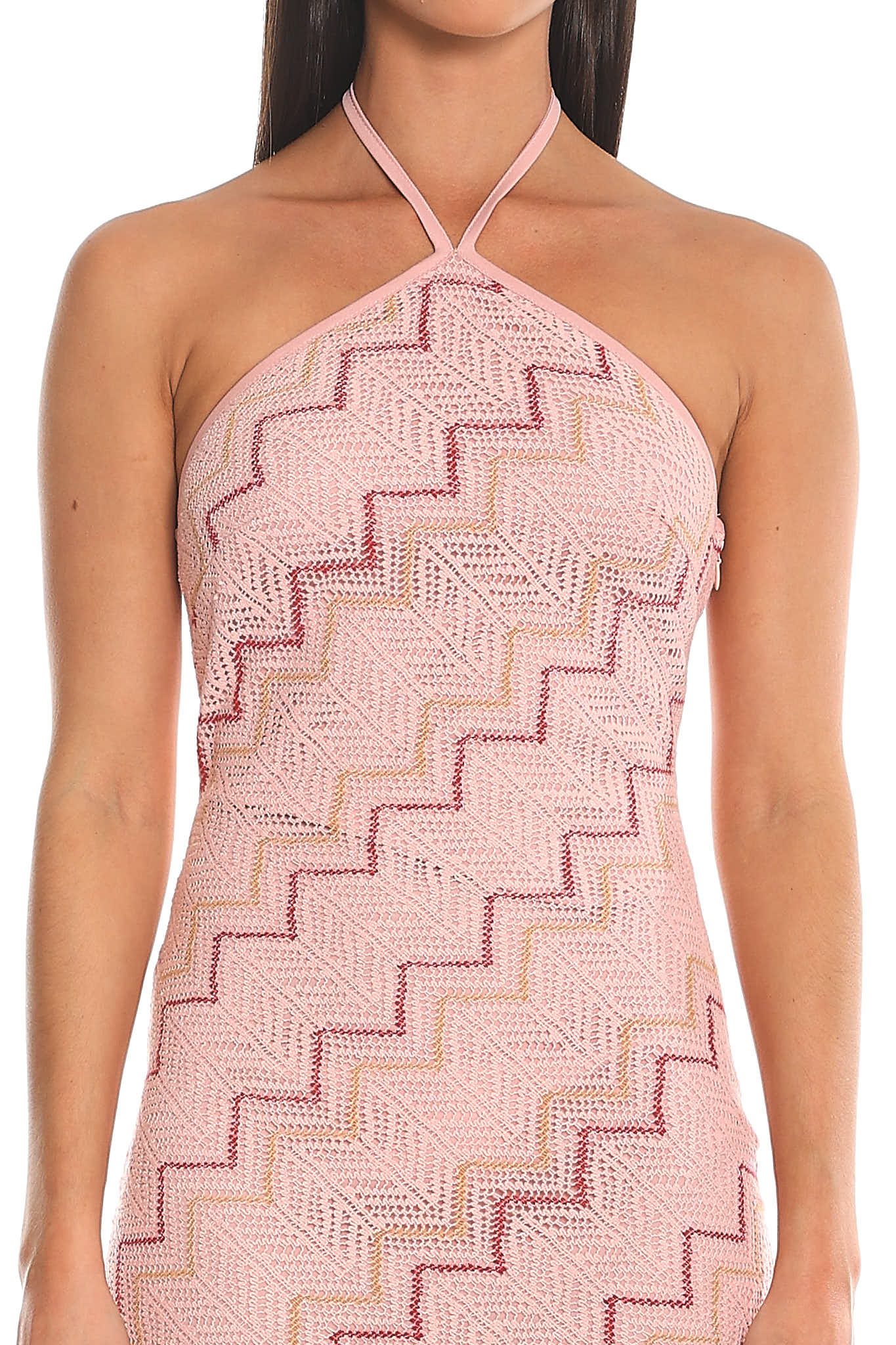Viana Chevron Crochet Halter Maxi Dress Pink