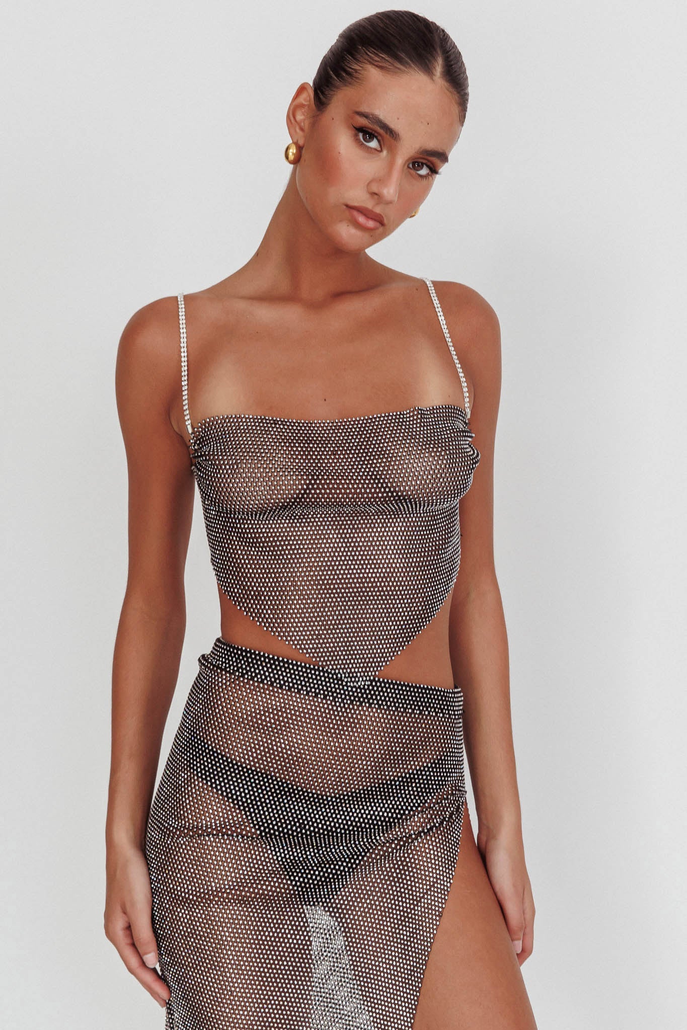 Eden Nights Diamante Mesh Top Black by Selfie Leslie