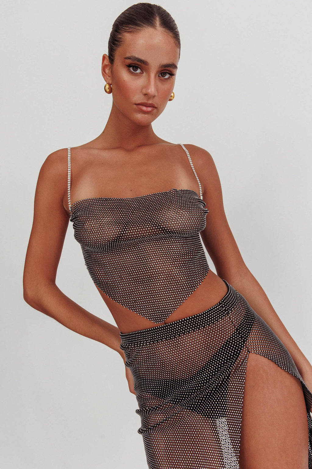 Eden Nights Diamante Mesh Top Black by Selfie Leslie
