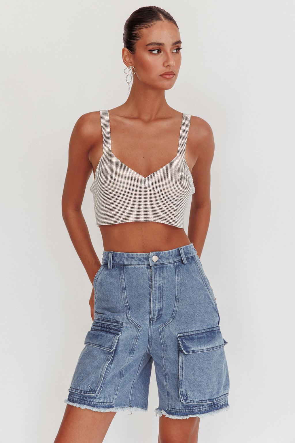 Lumina Diamante Crop Top Silver by Selfie Leslie