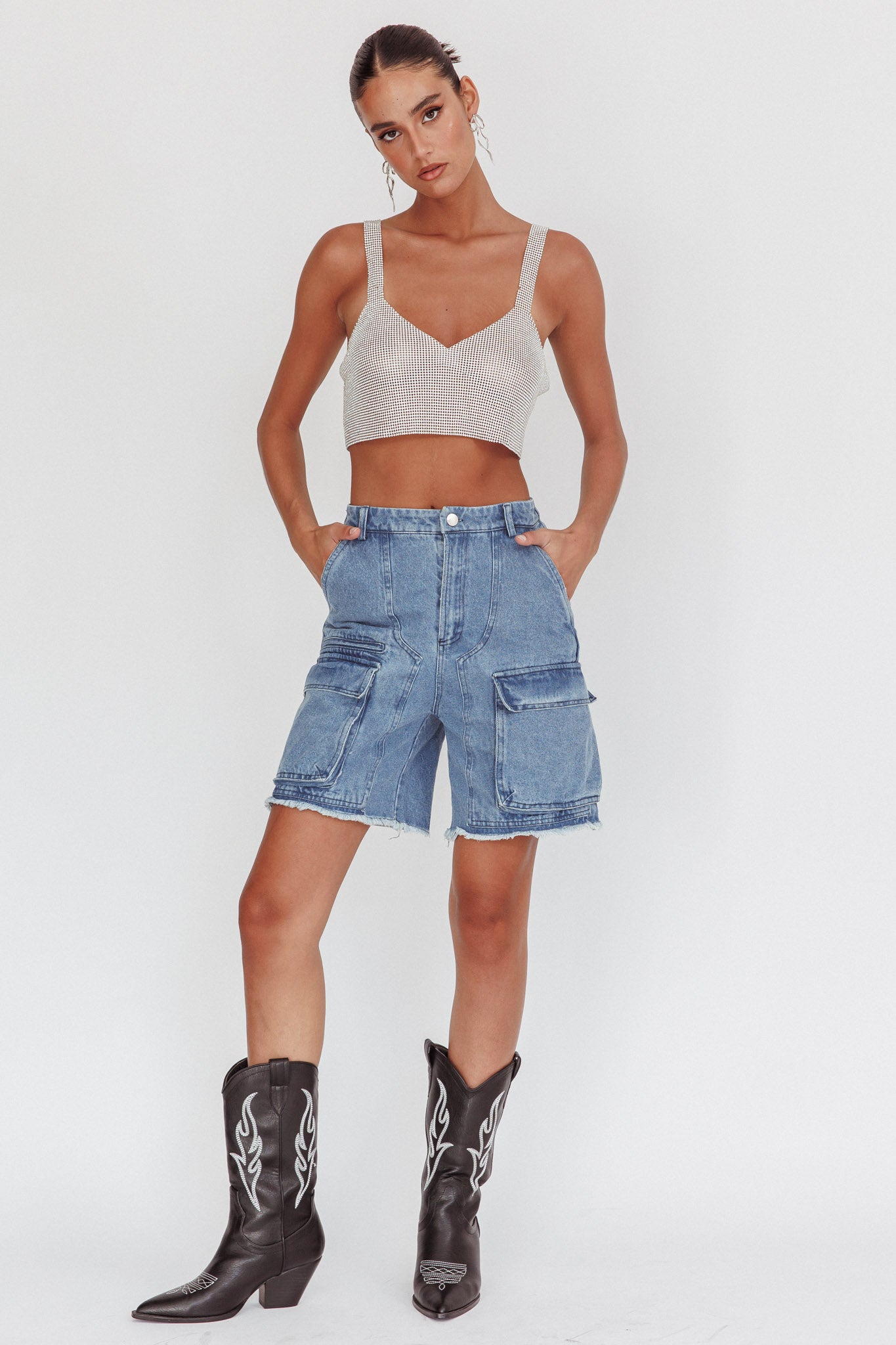 Lumina Diamante Crop Top Silver by Selfie Leslie