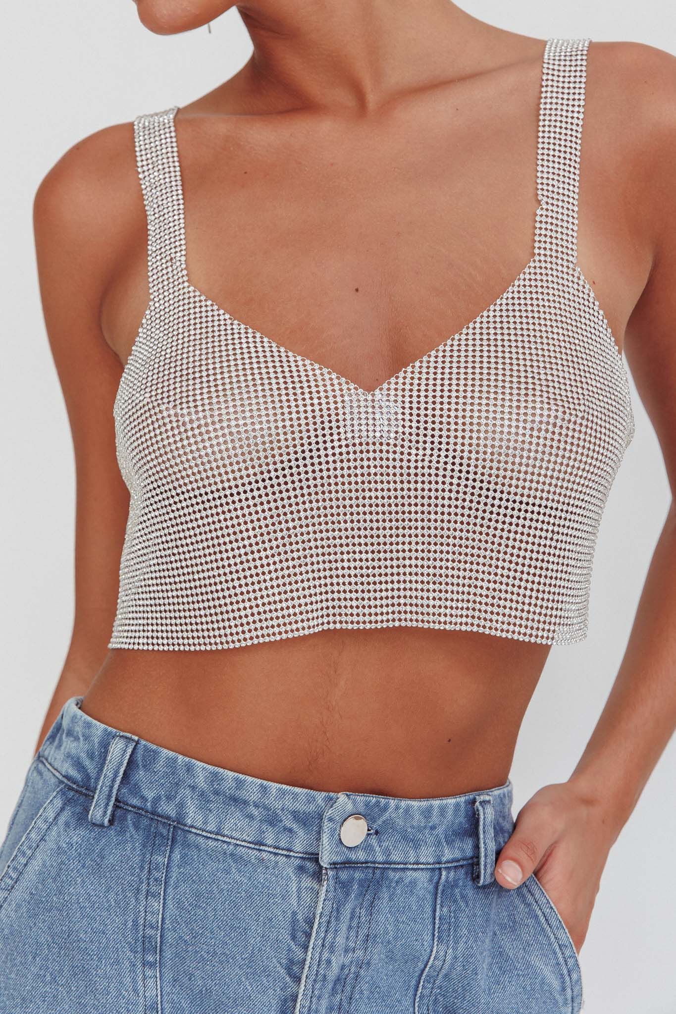 Lumina Diamante Crop Top Silver by Selfie Leslie