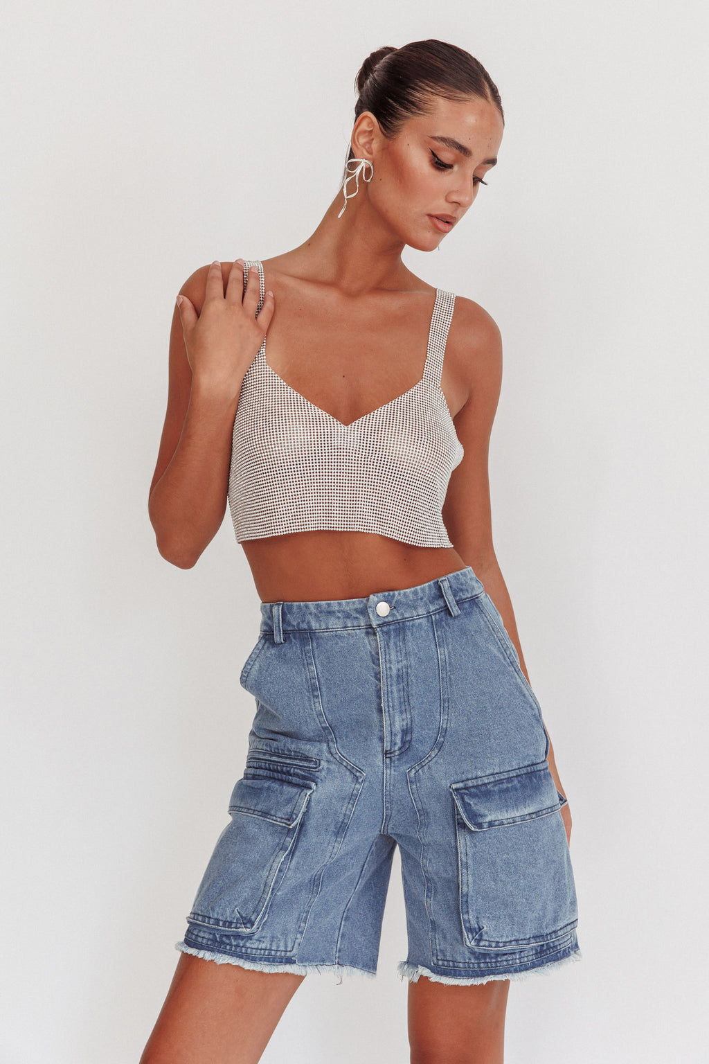 Lumina Diamante Crop Top Silver by Selfie Leslie