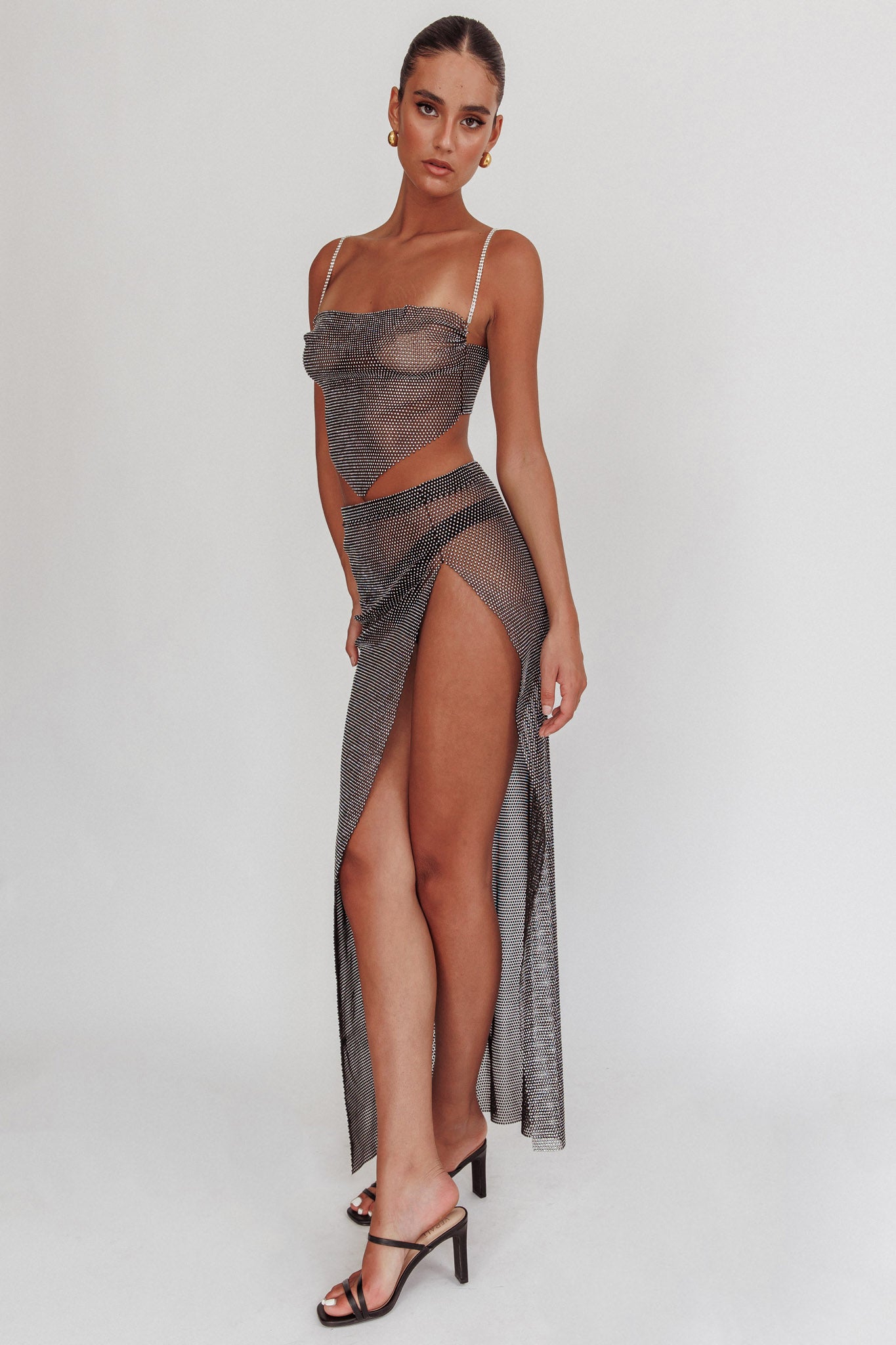 Heart Breaker Diamante Mesh Maxi Skirt Black by Selfie Leslie