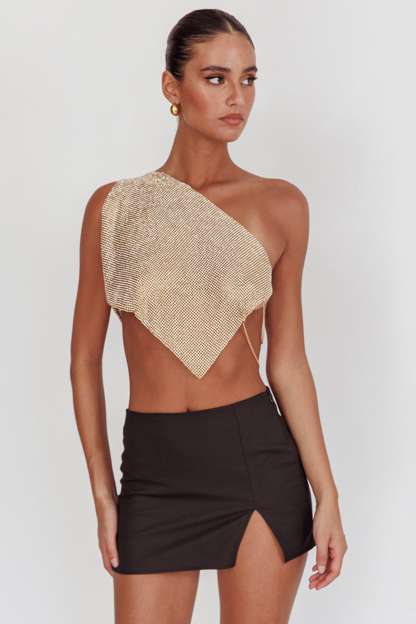 Sun Dial One Shoulder Diamante Top Gold by Selfie Leslie
