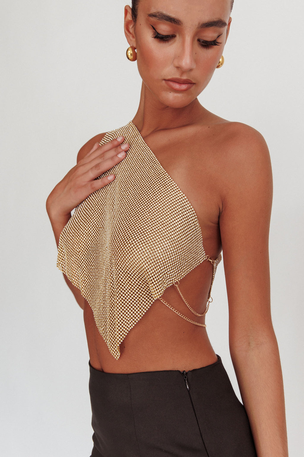 Sun Dial One Shoulder Diamante Top Gold by Selfie Leslie