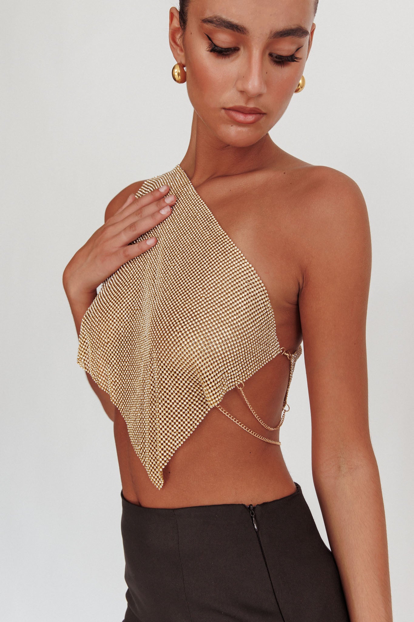 Sun Dial One Shoulder Diamante Top Gold by Selfie Leslie