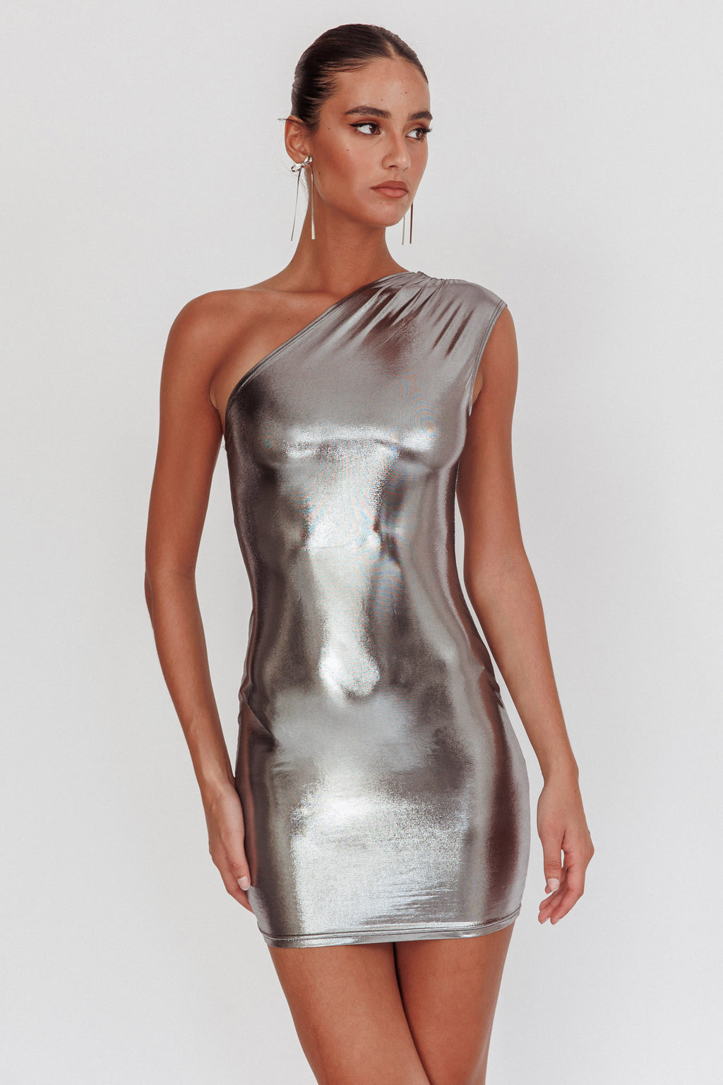 Glitter One-Shoulder Mini Dress Silver Glitter One-Shoulder Mini Dress Silver