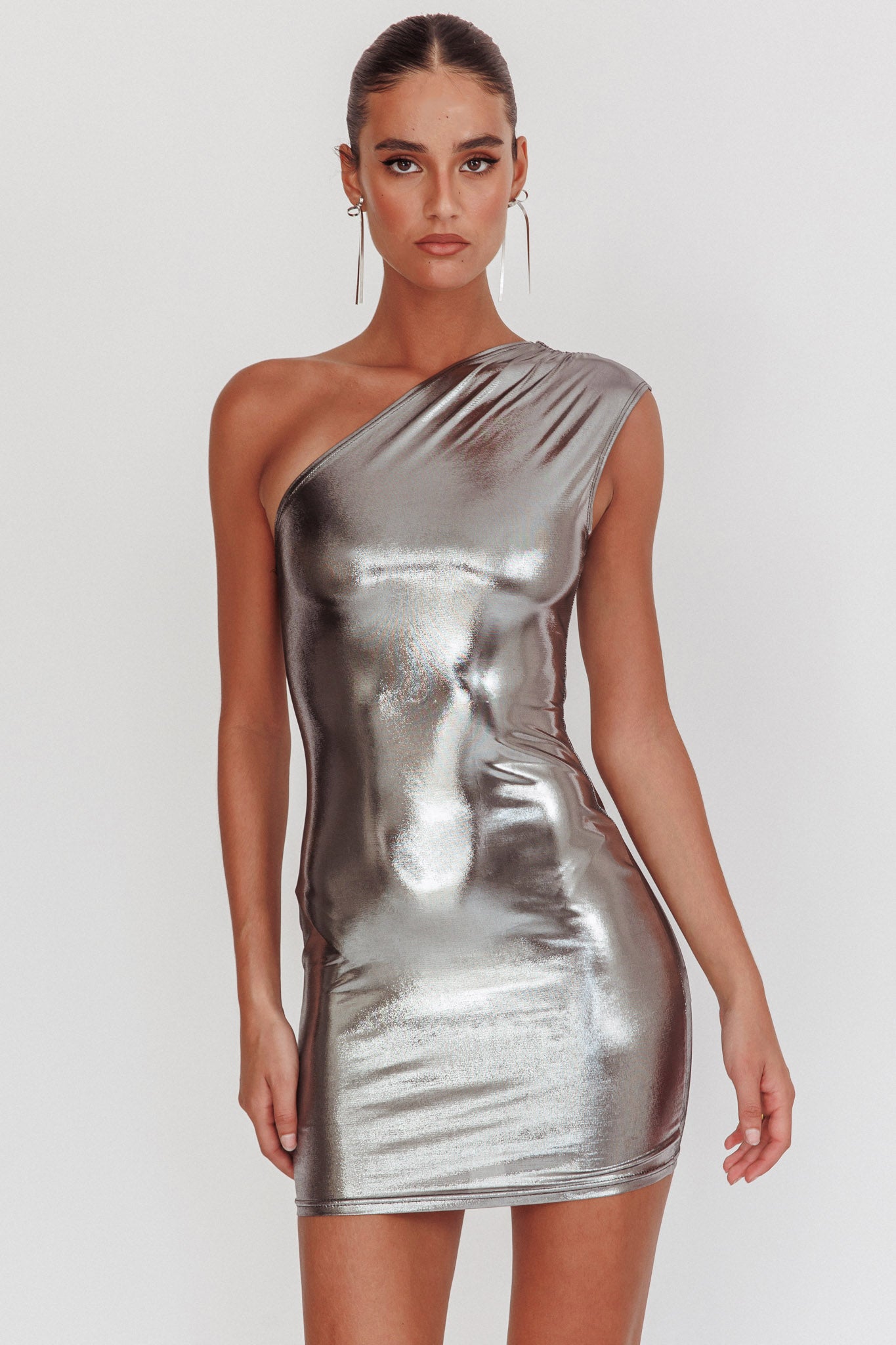Glitter One-Shoulder Mini Dress Silver by Selfie Leslie