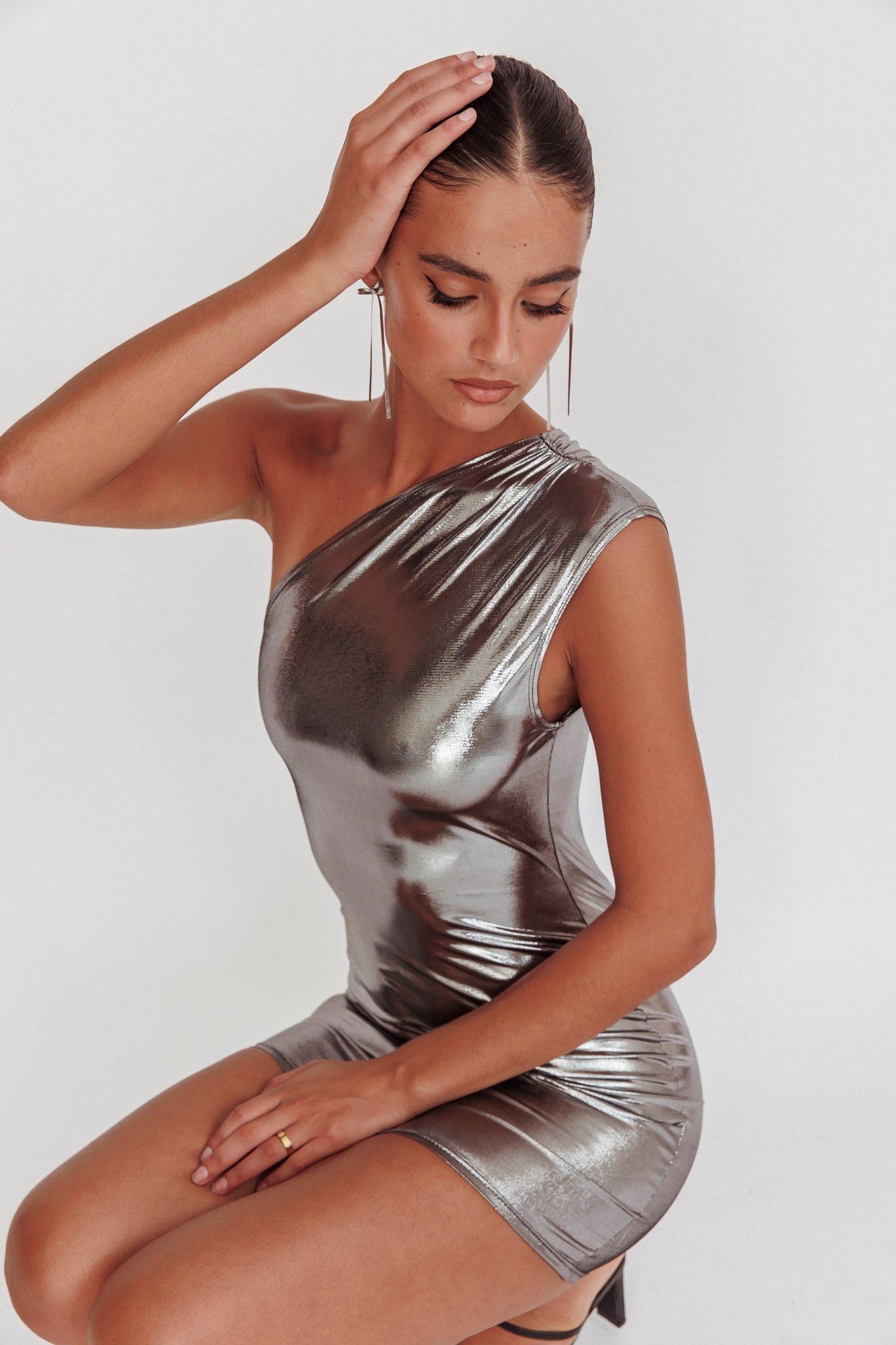 Glitter One-Shoulder Mini Dress Silver | Selfie Leslie Glitter One-Shoulder Mini Dress Silver | Selfie Leslie