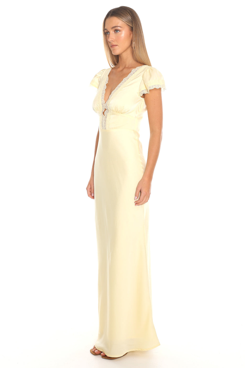 Florelle Lace Trim Flutter Sleeve Maxi Dress Butter
